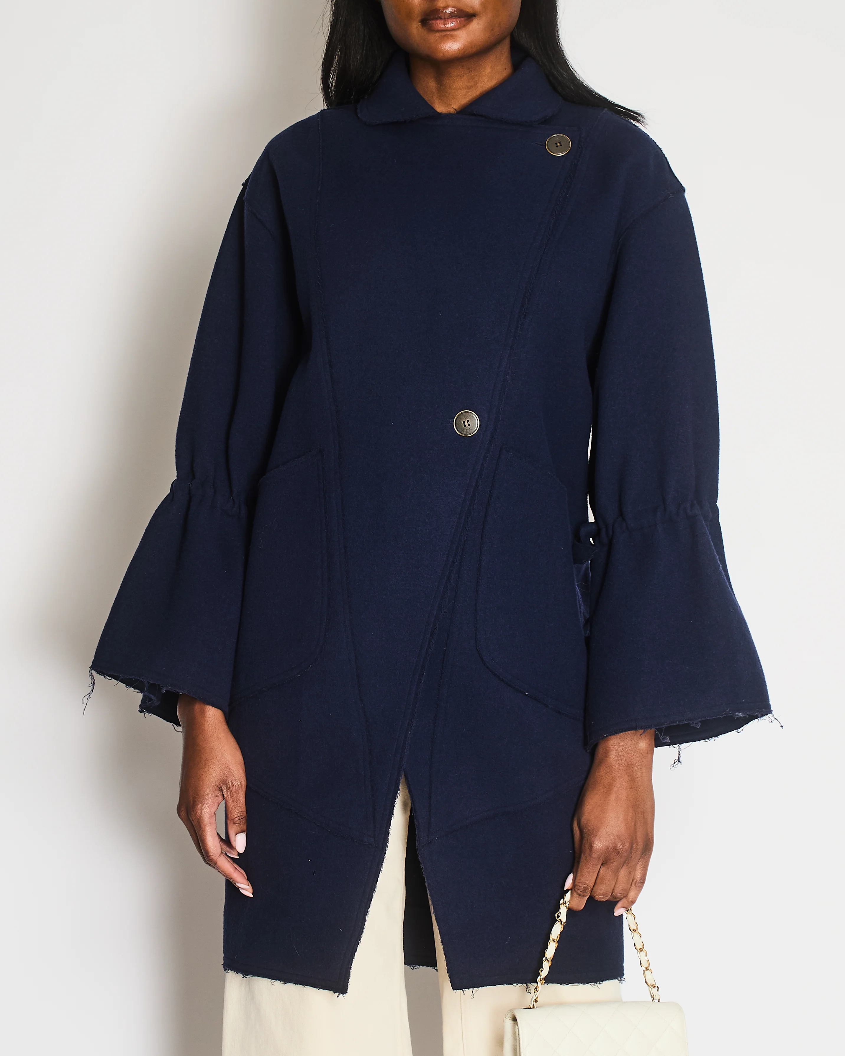 Fendi Navy Wool Coat with Raw Hems and Gathered Sleeves with Bow Detail Size IT 38 (UK 6)