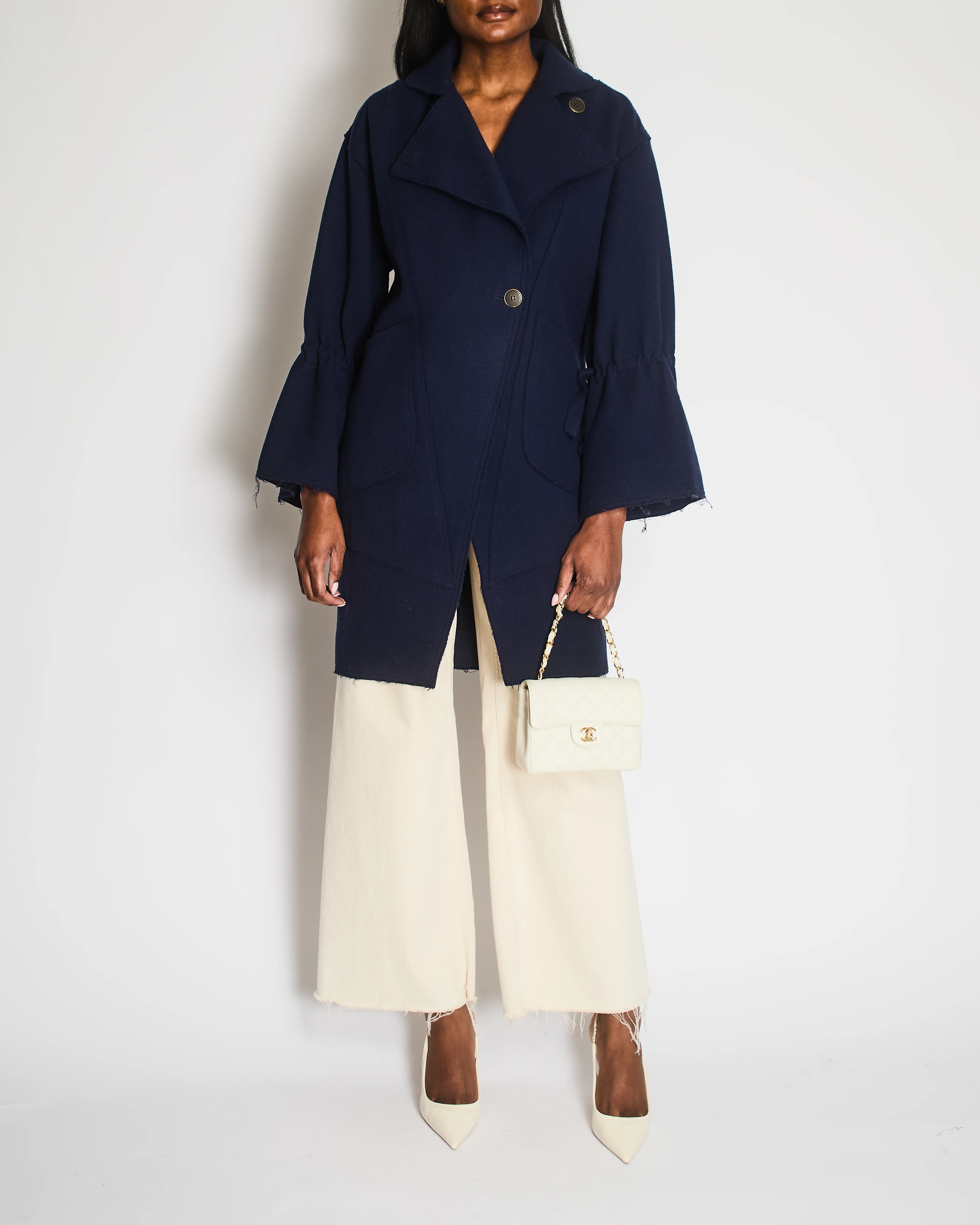 Fendi Navy Wool Coat with Raw Hems and Gathered Sleeves with Bow Detail Size IT 38 (UK 6) - Image 6