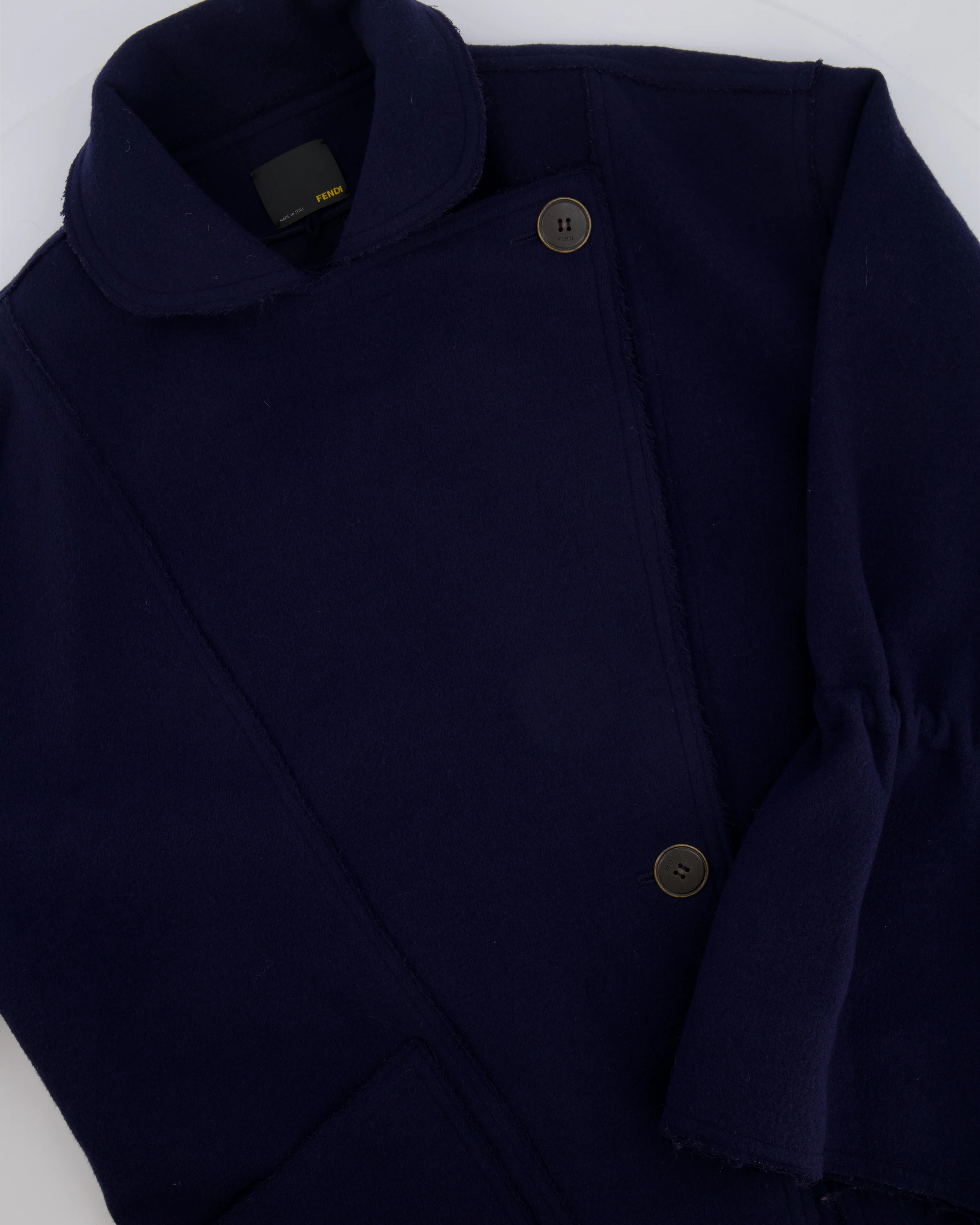Fendi Navy Wool Coat with Raw Hems and Gathered Sleeves with Bow Detail Size IT 38 (UK 6) - Image 9