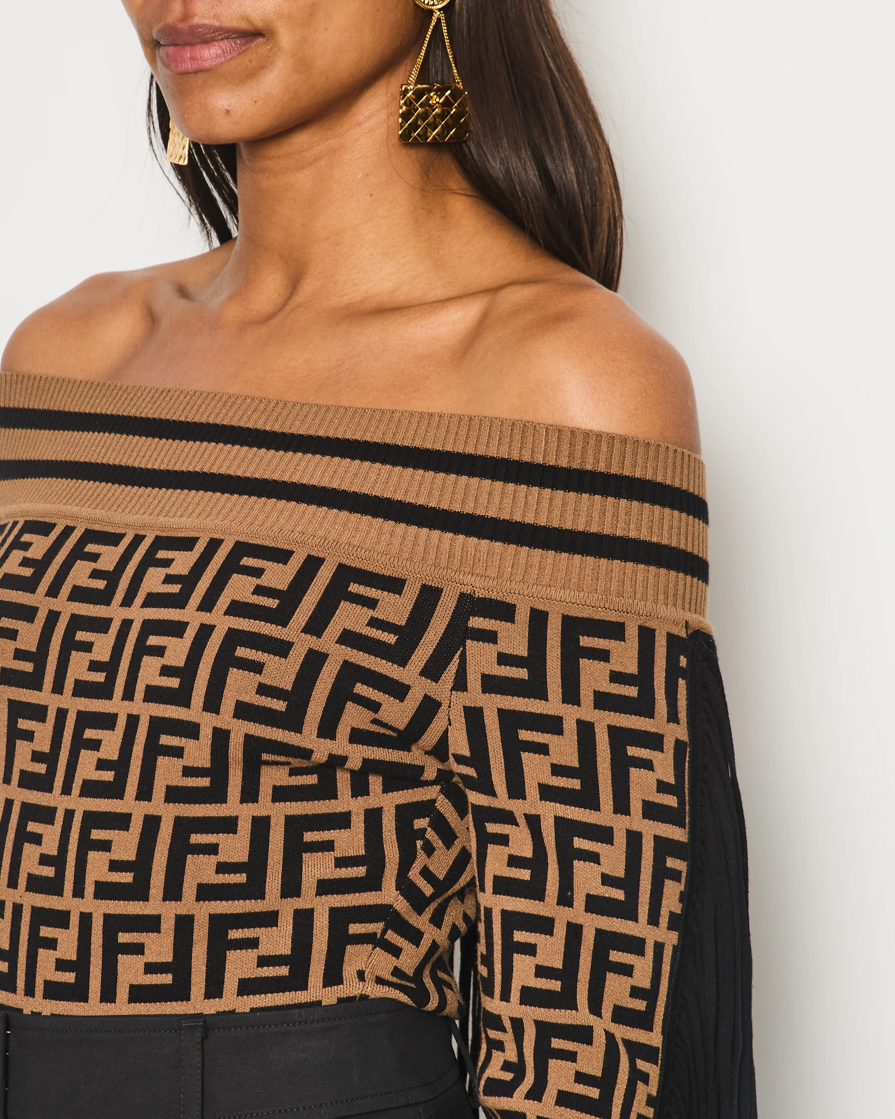 Fendi Off Shoulder Bodysuit Top With FF Monogram and Tassle Detail UK 8-10 - Image 2