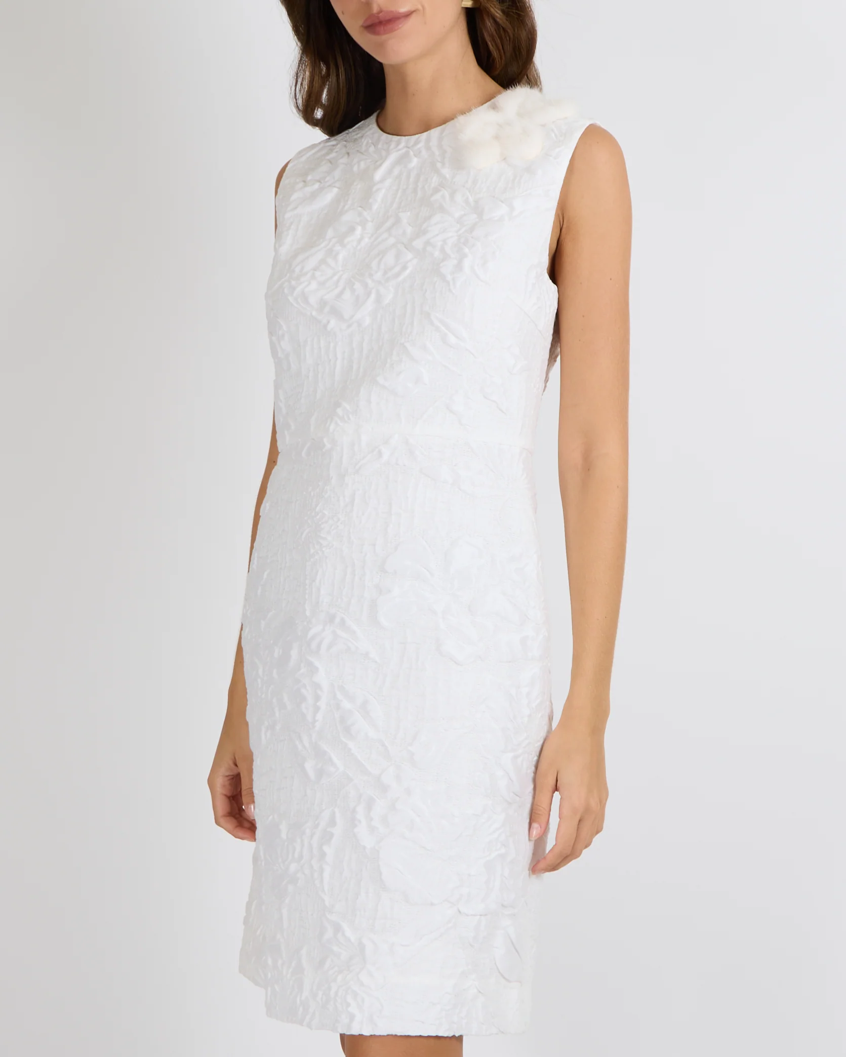 Fendi Pearl White Textured Sleeveless Dress with Mink Fur Detailing Size IT 42 (UK 10) - Image 4