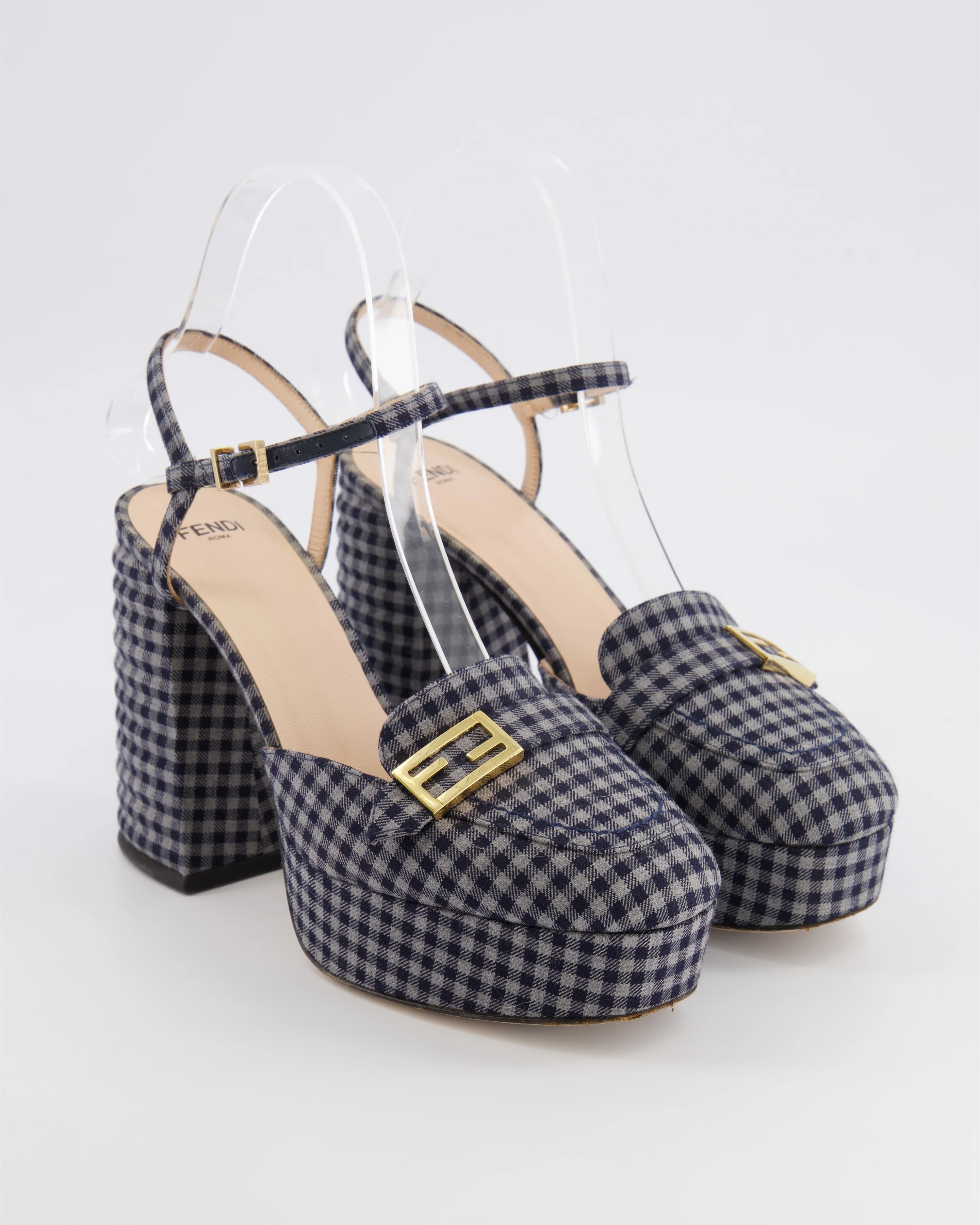 Fendi Promenade Navy and Grey Gingham Check Canvas Heeled Platform Loafers with Gold Logo Detail Size EU 36 - Image 2