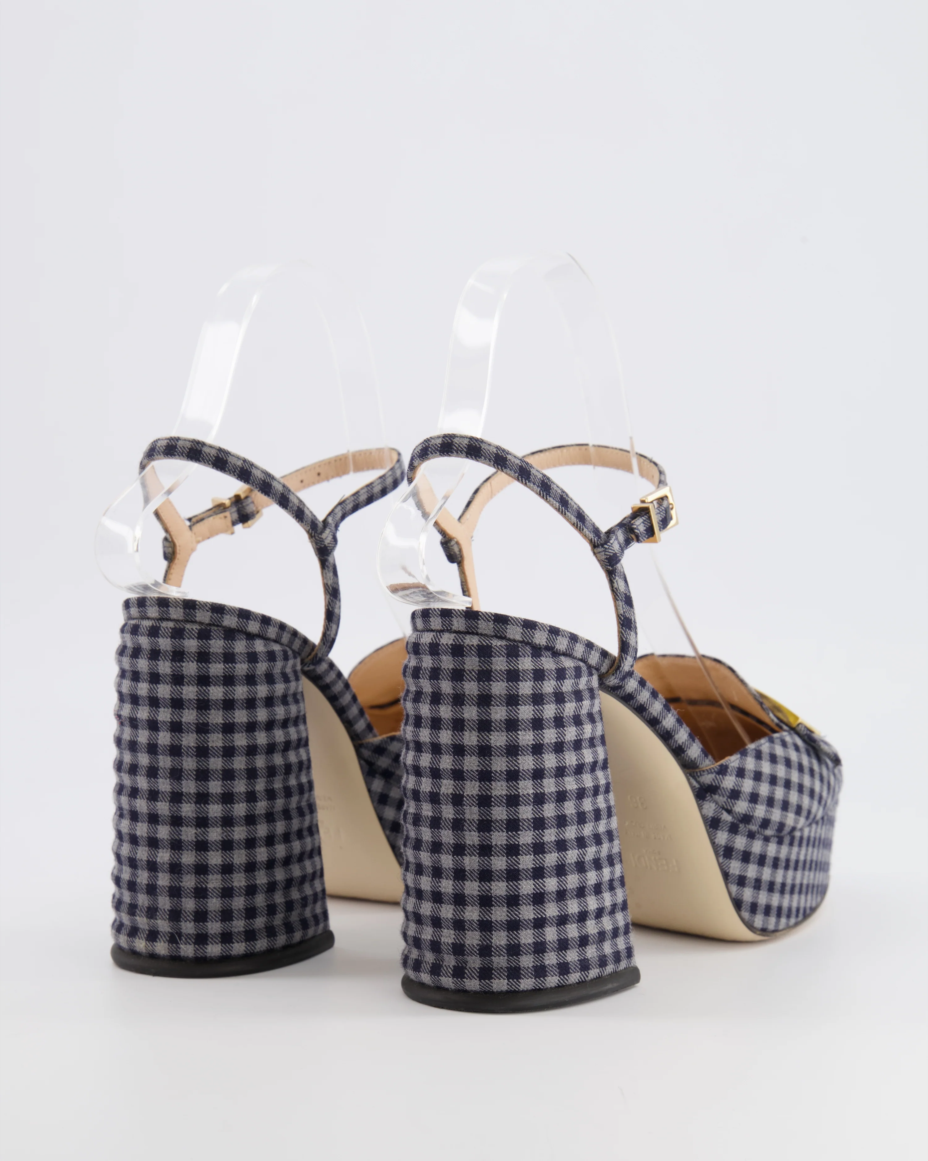 Fendi Promenade Navy and Grey Gingham Check Canvas Heeled Platform Loafers with Gold Logo Detail Size EU 36 - Image 3