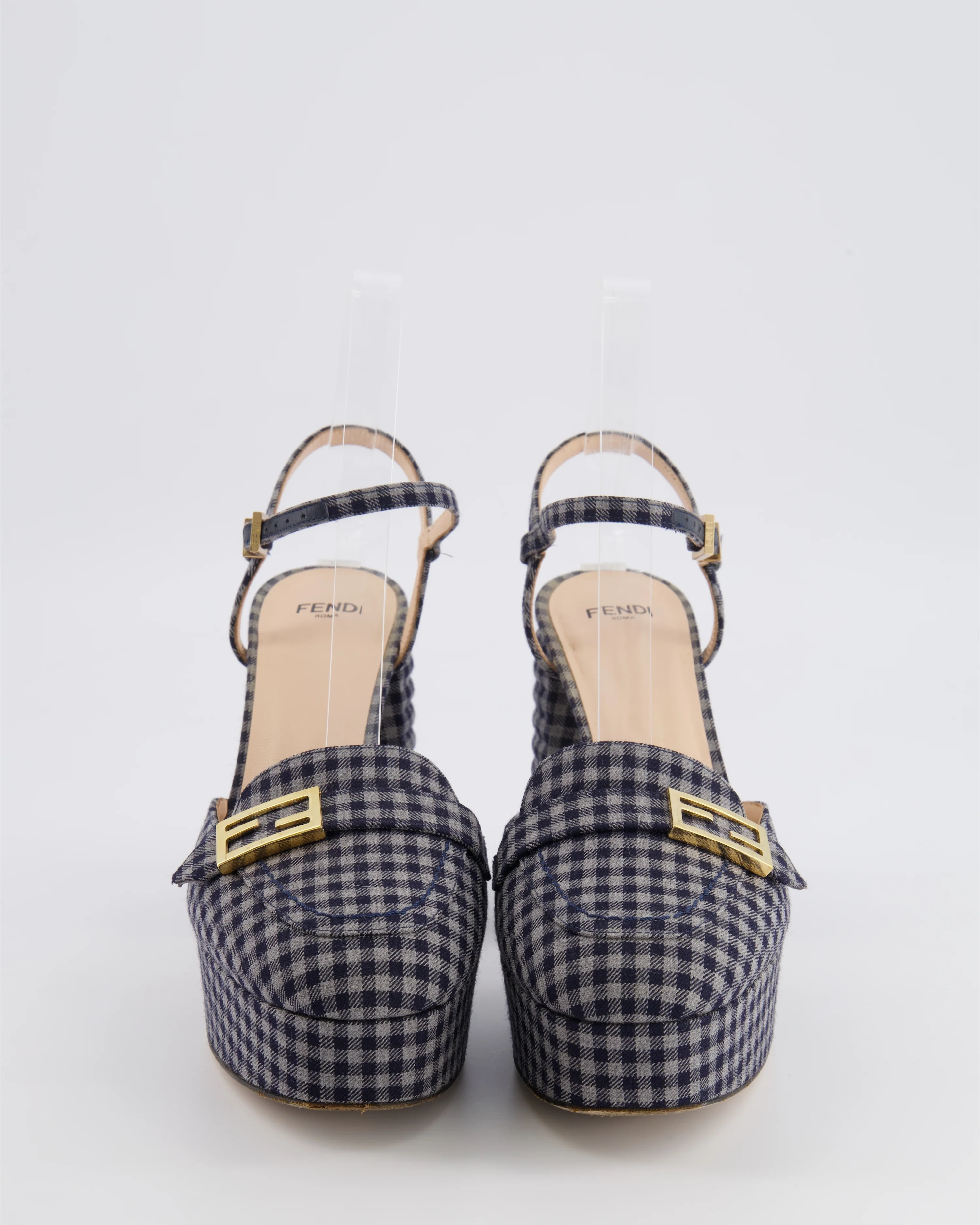Fendi Promenade Navy and Grey Gingham Check Canvas Heeled Platform Loafers with Gold Logo Detail Size EU 36 - Image 4