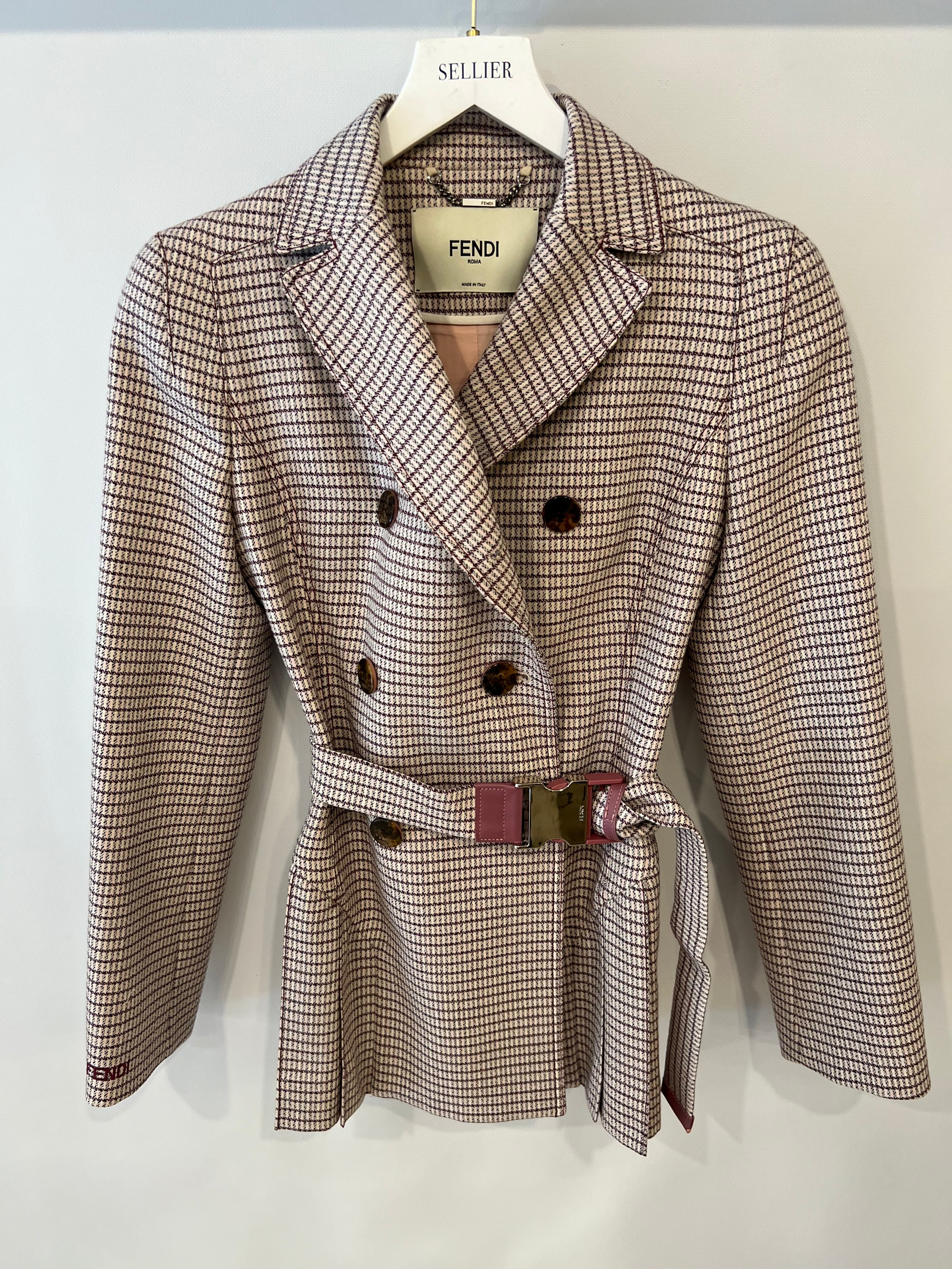 Fendi Red and Pink Micro Houndstooth Belted Jacket with Brown Tortoise Shell Logo Buttons Size IT 38 (UK 6) - Image 10