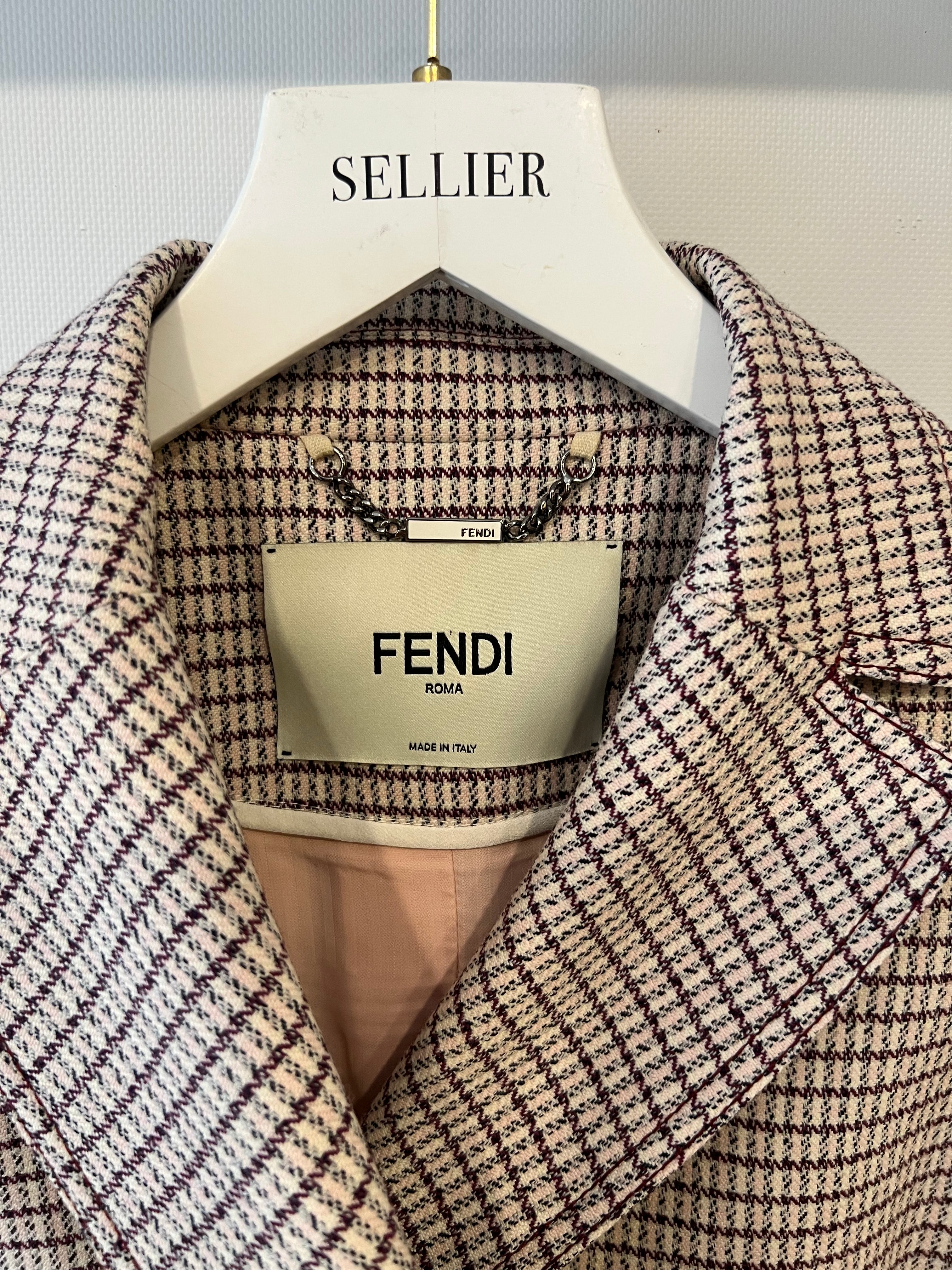 Fendi Red and Pink Micro Houndstooth Belted Jacket with Brown Tortoise Shell Logo Buttons Size IT 38 (UK 6) - Image 11