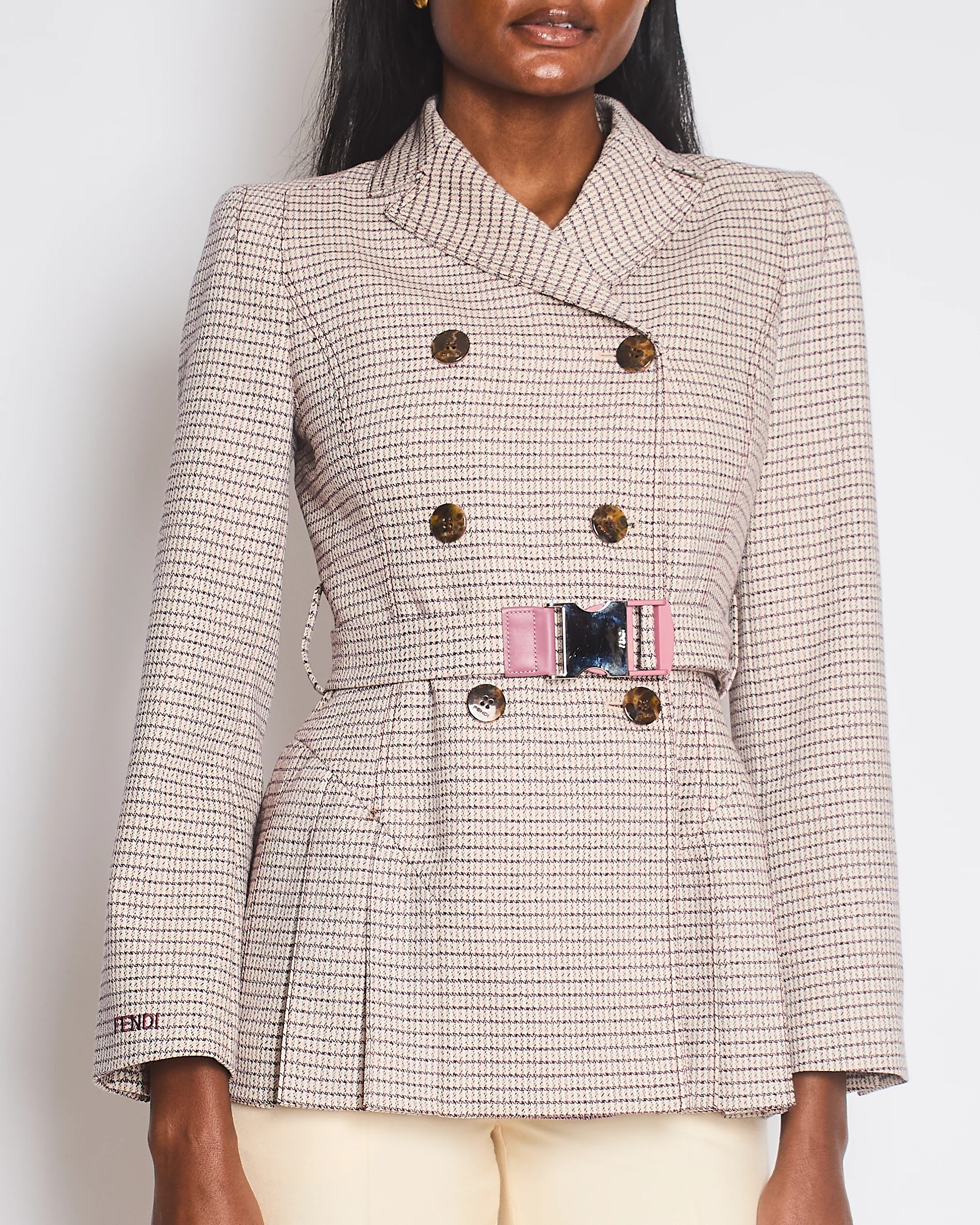 Fendi Red and Pink Micro Houndstooth Belted Jacket with Brown Tortoise Shell Logo Buttons Size IT 38 (UK 6) - Image 3