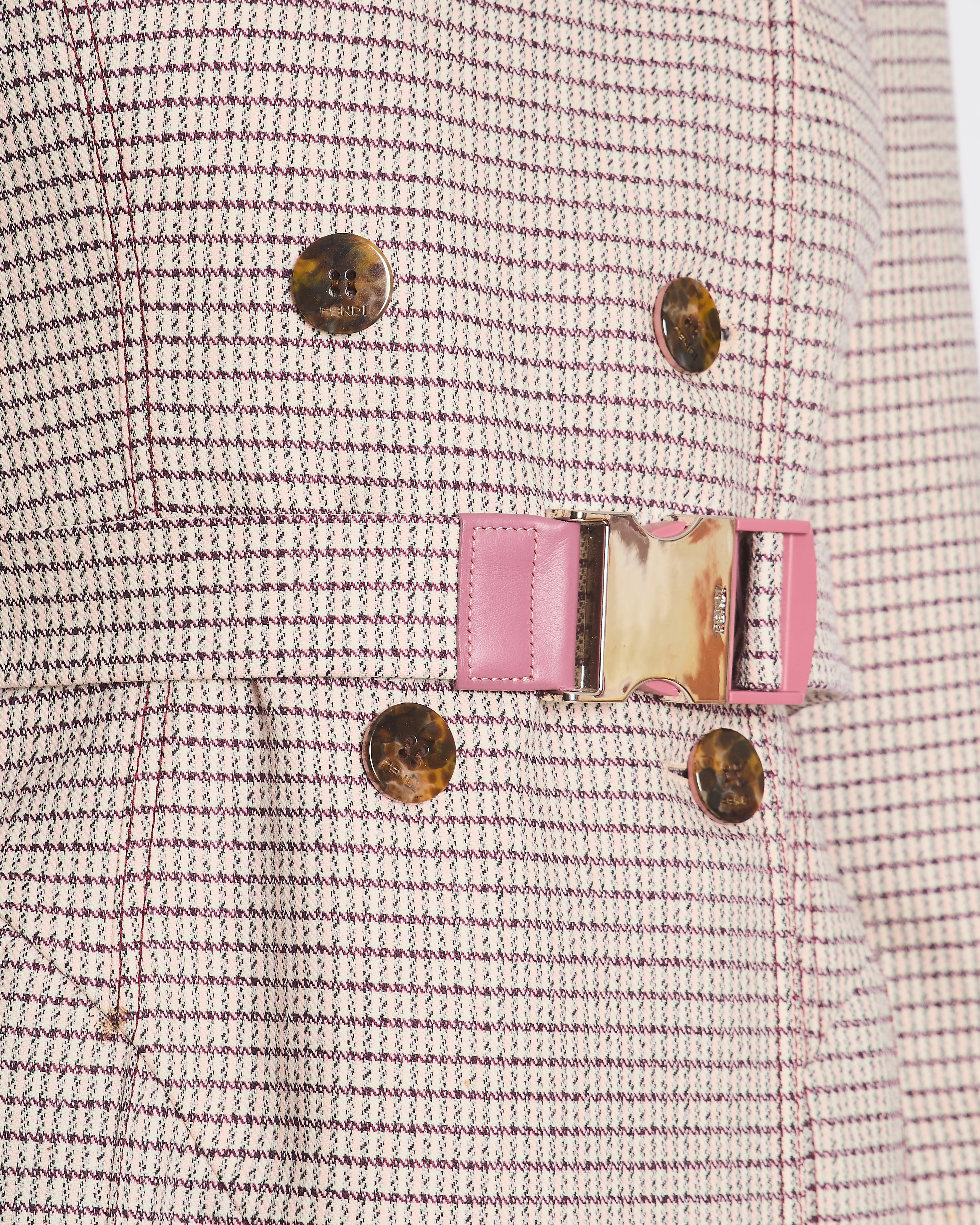 Fendi Red and Pink Micro Houndstooth Belted Jacket with Brown Tortoise Shell Logo Buttons Size IT 38 (UK 6) - Image 6