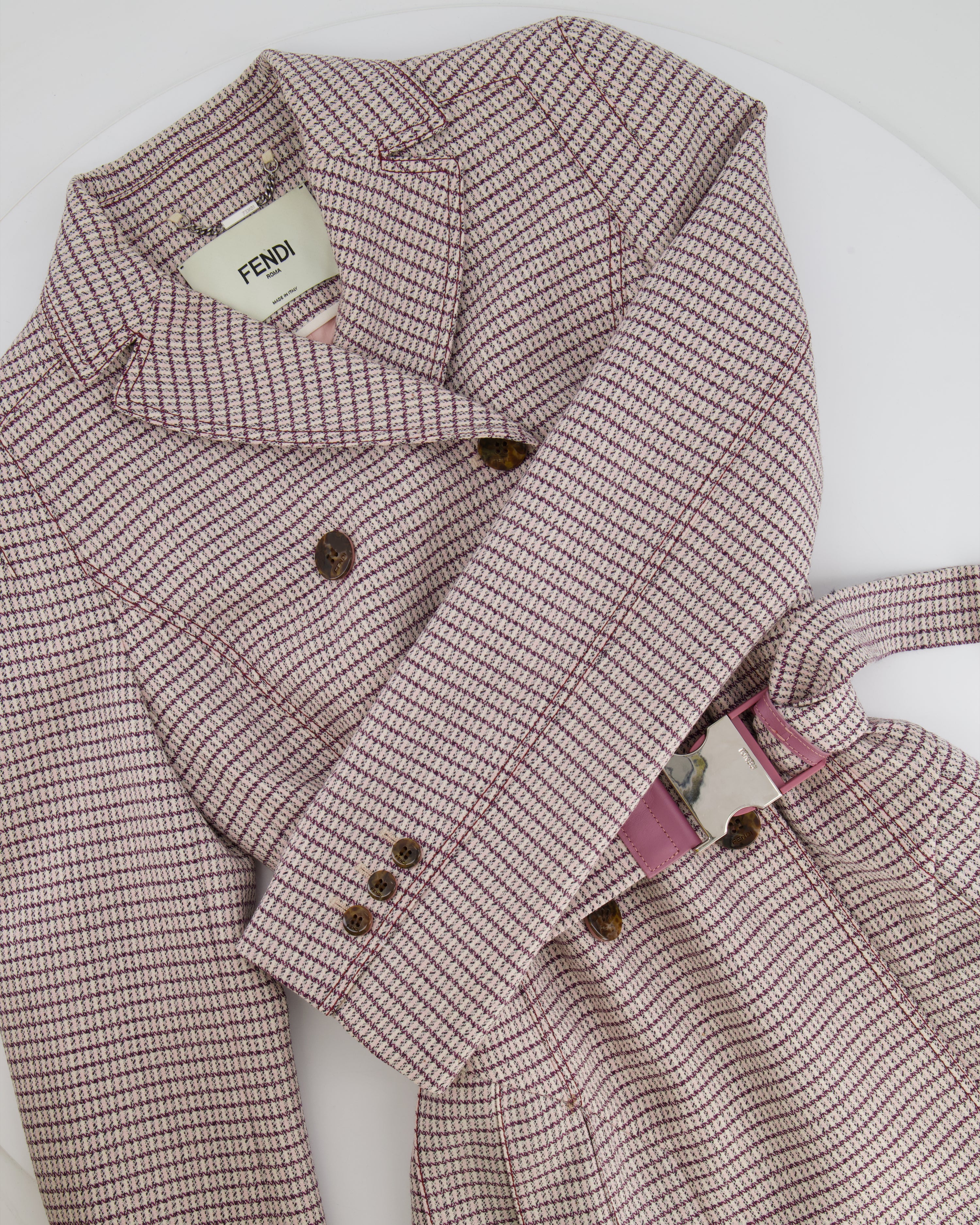 Fendi Red and Pink Micro Houndstooth Belted Jacket with Brown Tortoise Shell Logo Buttons Size IT 38 (UK 6) - Image 7
