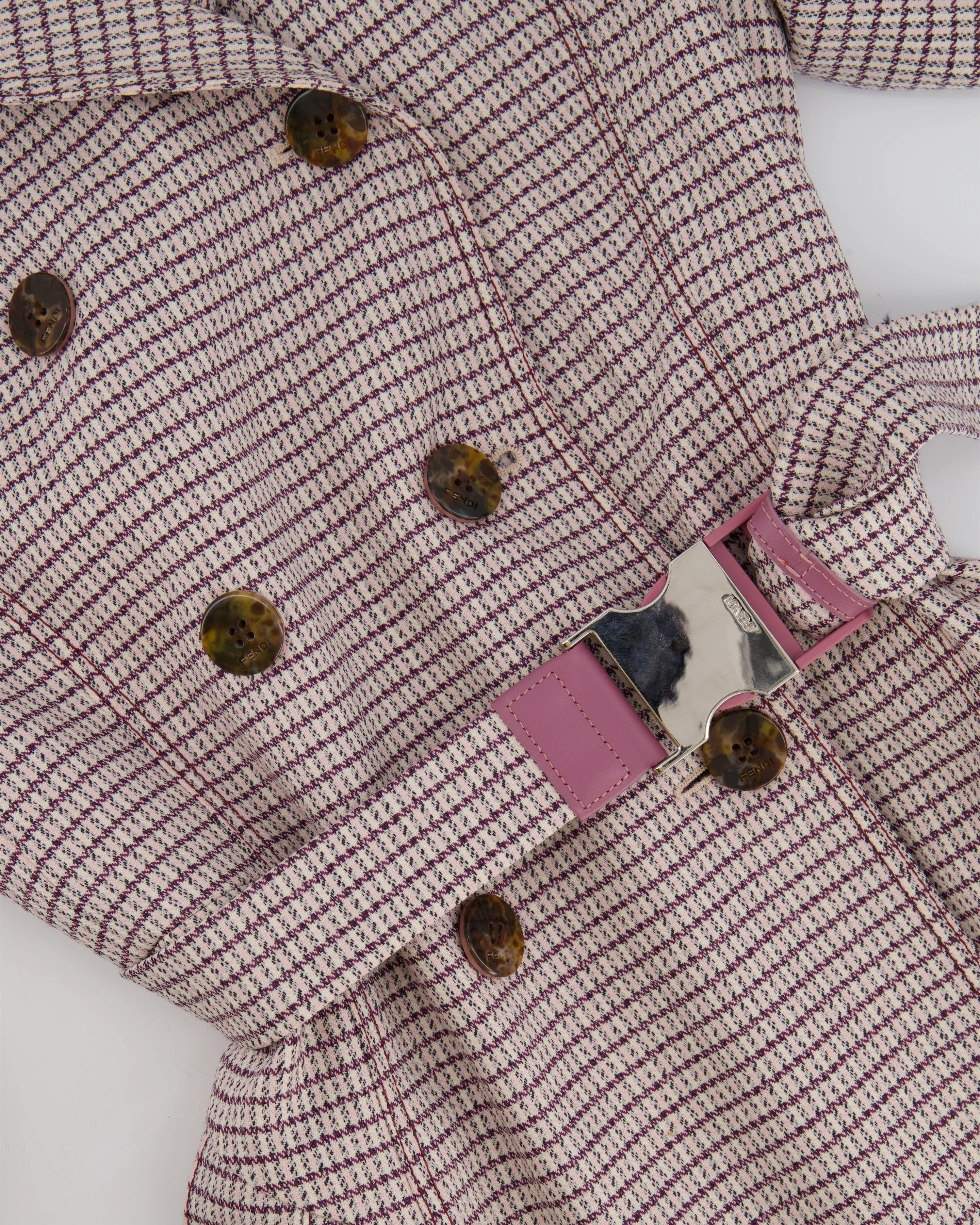 Fendi Red and Pink Micro Houndstooth Belted Jacket with Brown Tortoise Shell Logo Buttons Size IT 38 (UK 6) - Image 8