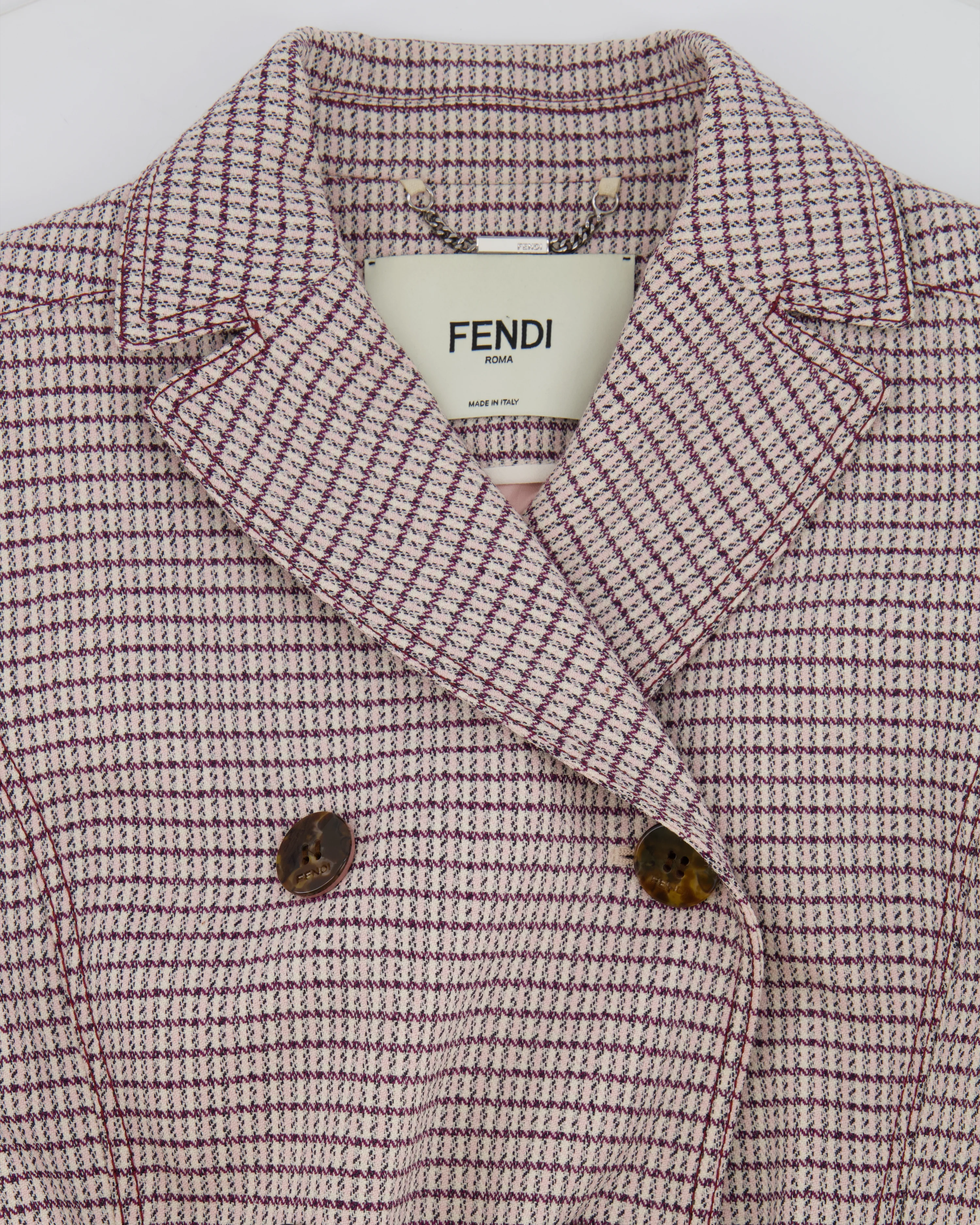 Fendi Red and Pink Micro Houndstooth Belted Jacket with Brown Tortoise Shell Logo Buttons Size IT 38 (UK 6) - Image 9