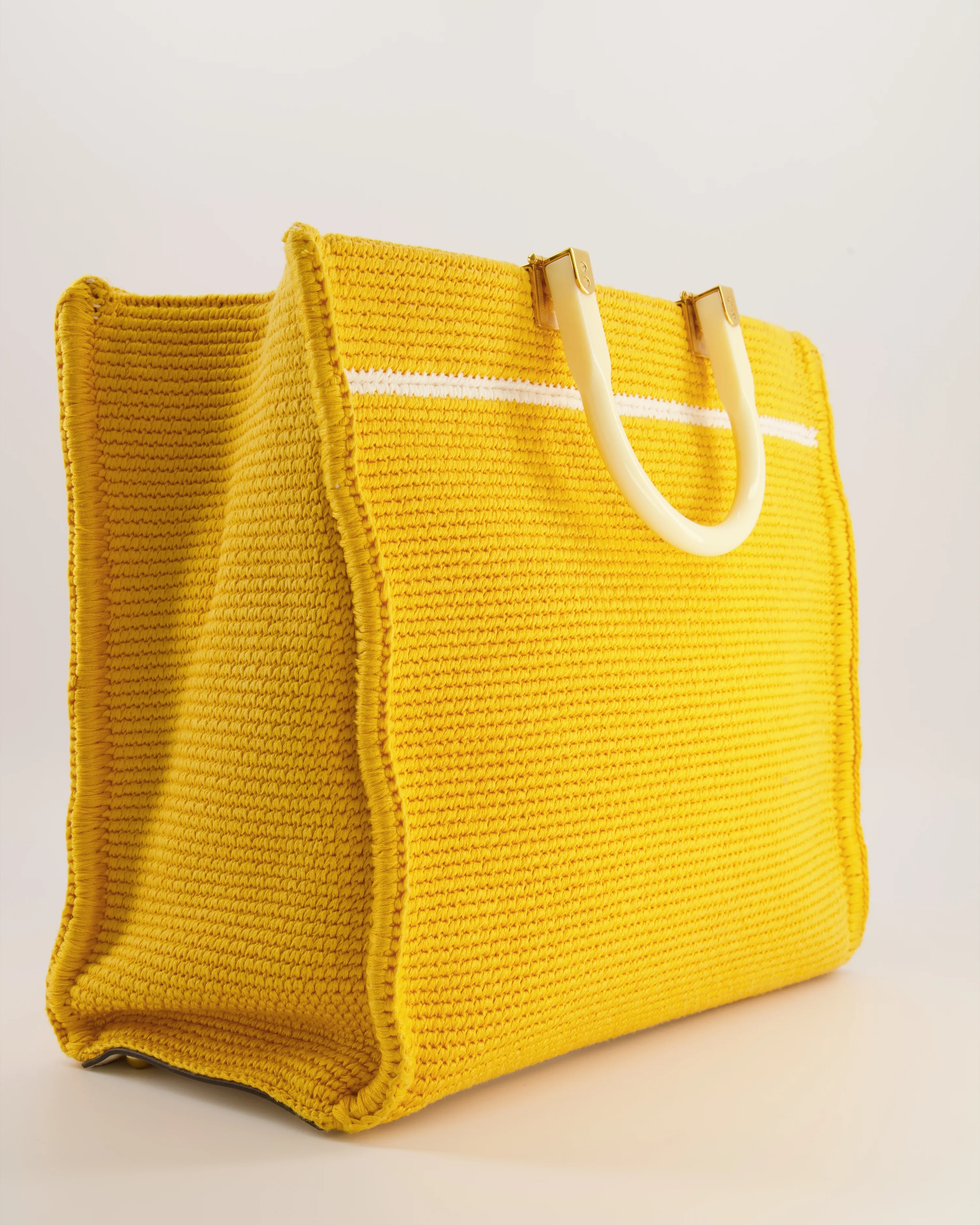 Fendi Sunshine Tote Bag in Yellow and White Crochet Canvas with Gold Hardware - Image 12