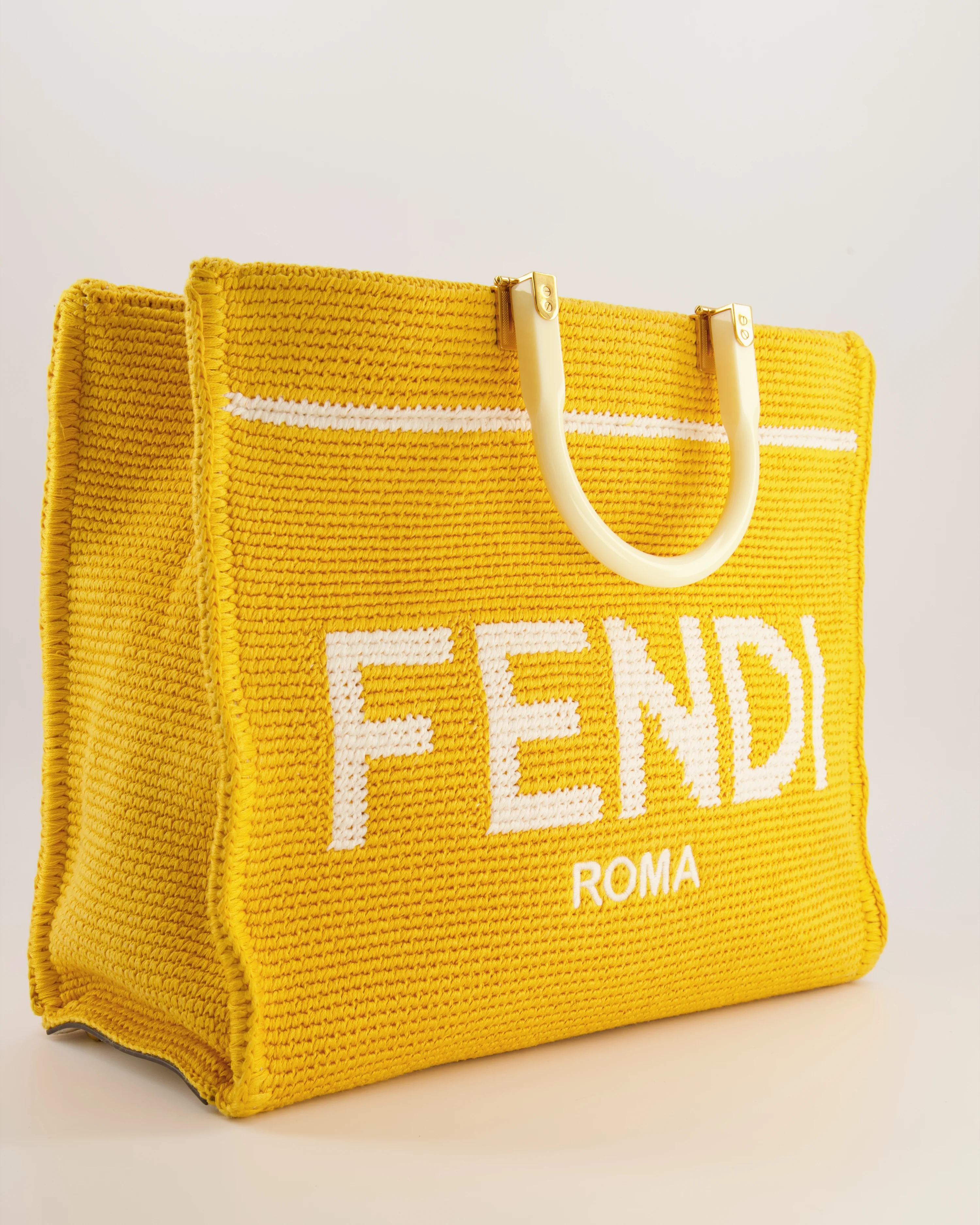 Fendi Sunshine Tote Bag in Yellow and White Crochet Canvas with Gold Hardware - Image 4