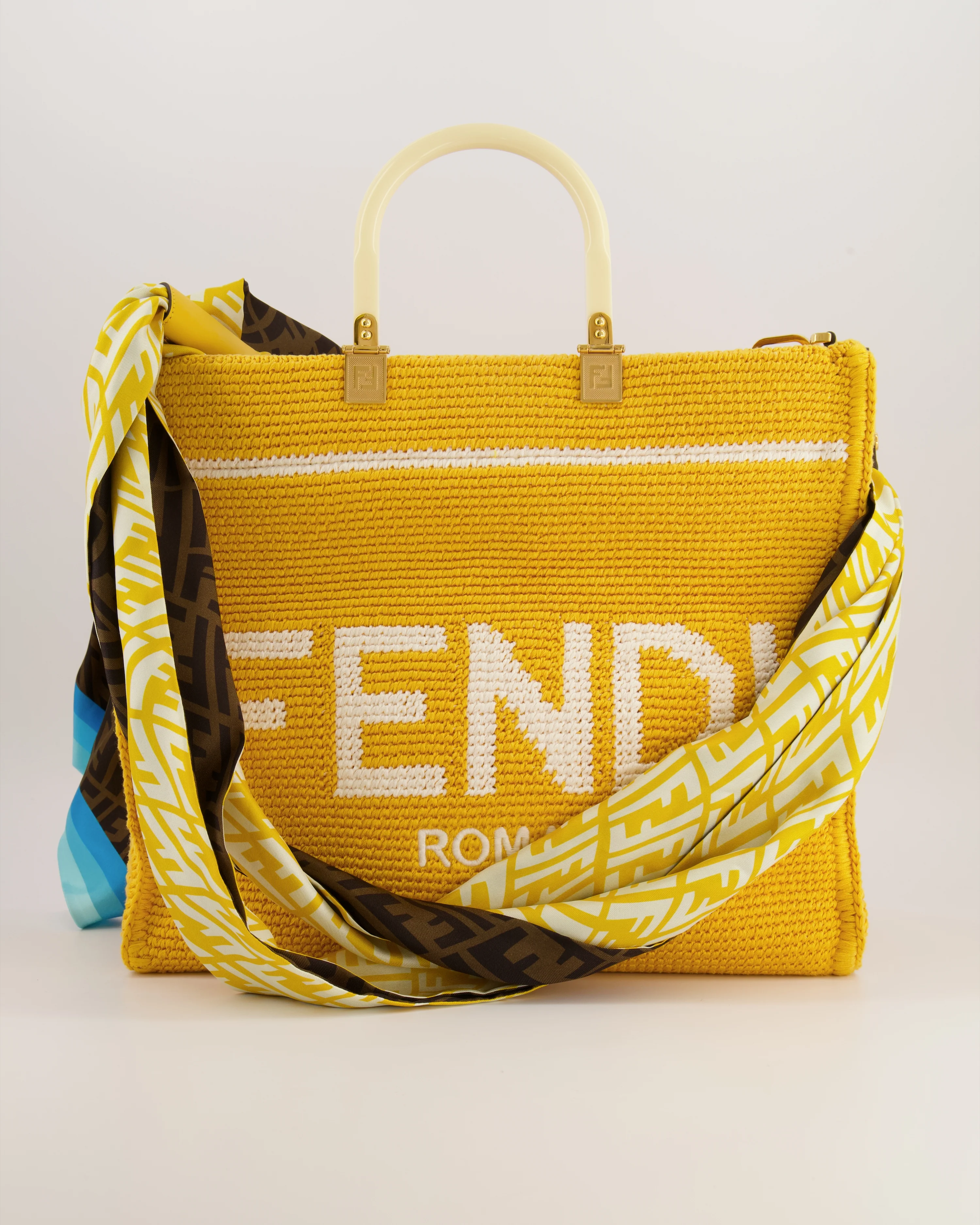Fendi Sunshine Tote Bag in Yellow and White Crochet Canvas with Gold Hardware - Image 6
