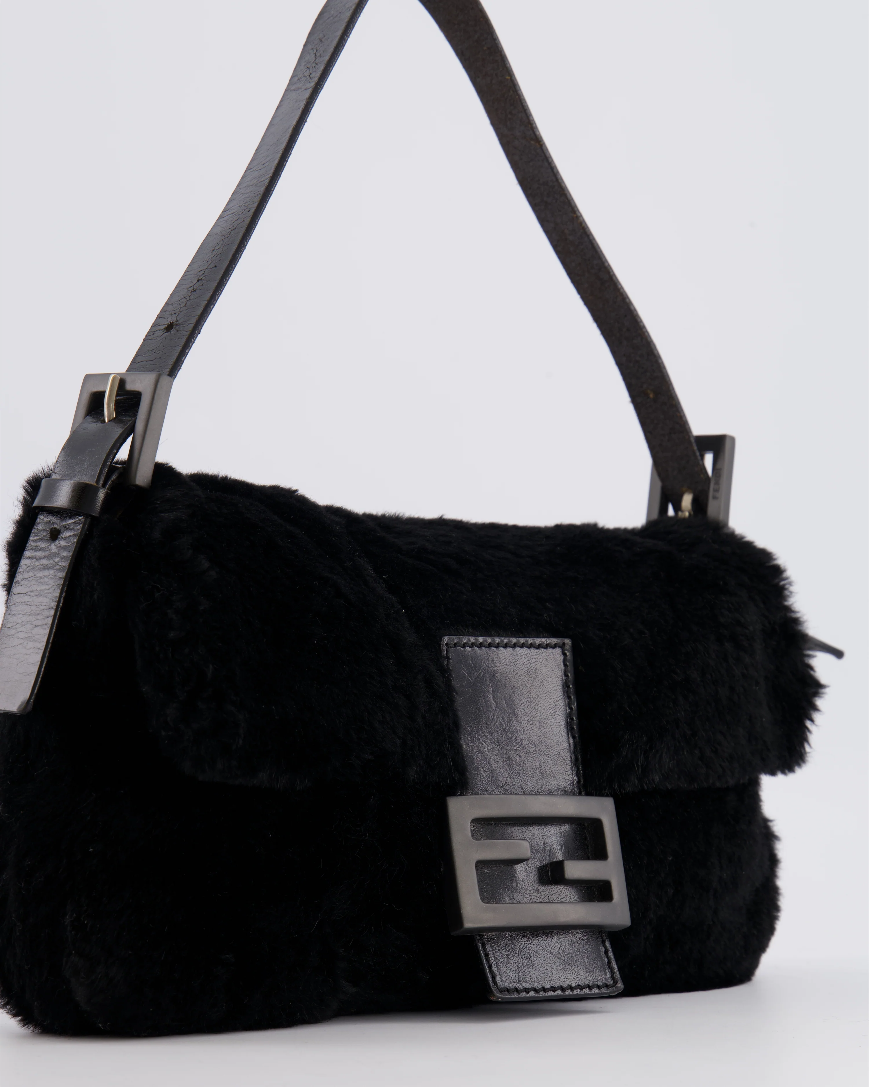 Fendi Vintage Black Rabbit Fur Baguette Shoulder Bag with Black Leather Details - Image 10