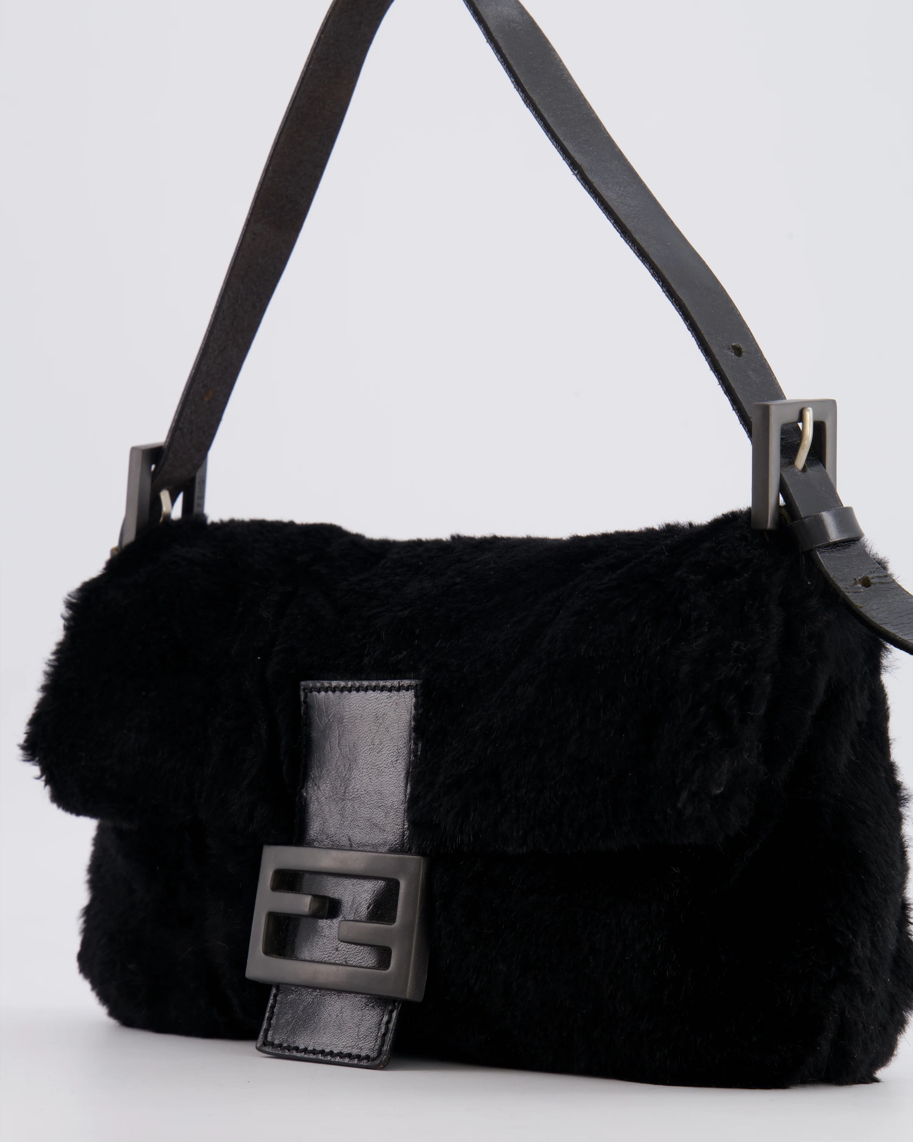 Fendi Vintage Black Rabbit Fur Baguette Shoulder Bag with Black Leather Details - Image 11