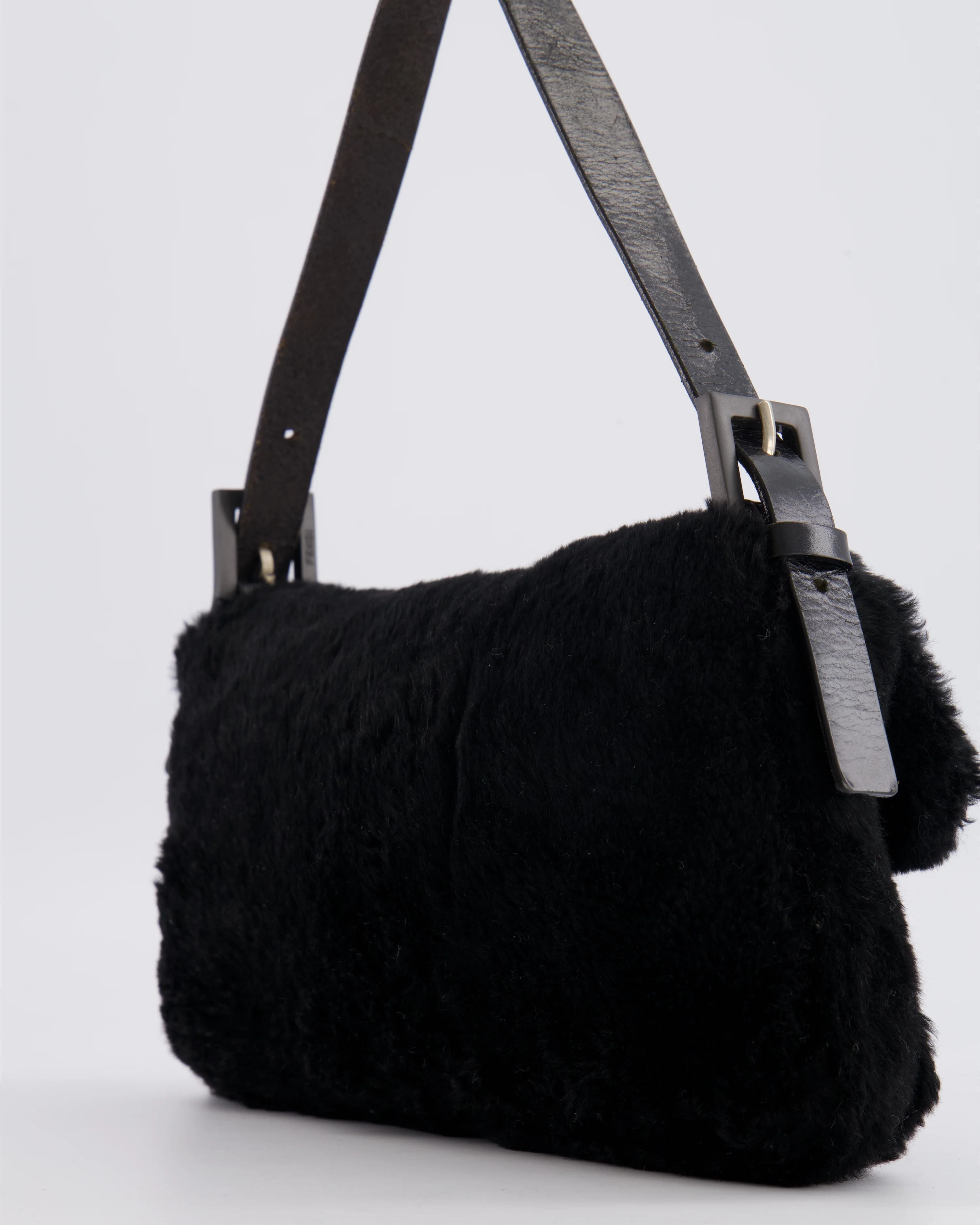 Fendi Vintage Black Rabbit Fur Baguette Shoulder Bag with Black Leather Details - Image 12
