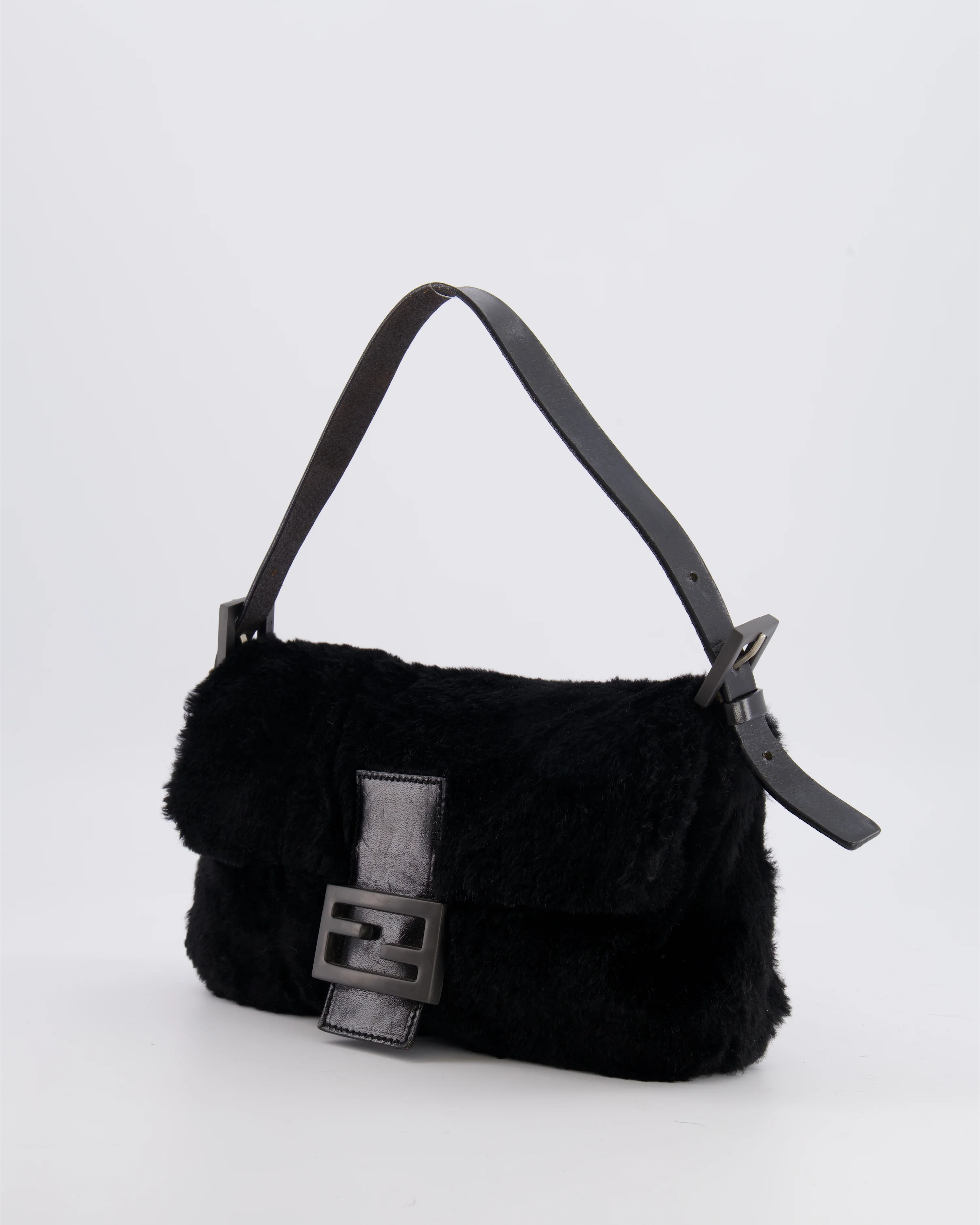 Fendi Vintage Black Rabbit Fur Baguette Shoulder Bag with Black Leather Details - Image 3