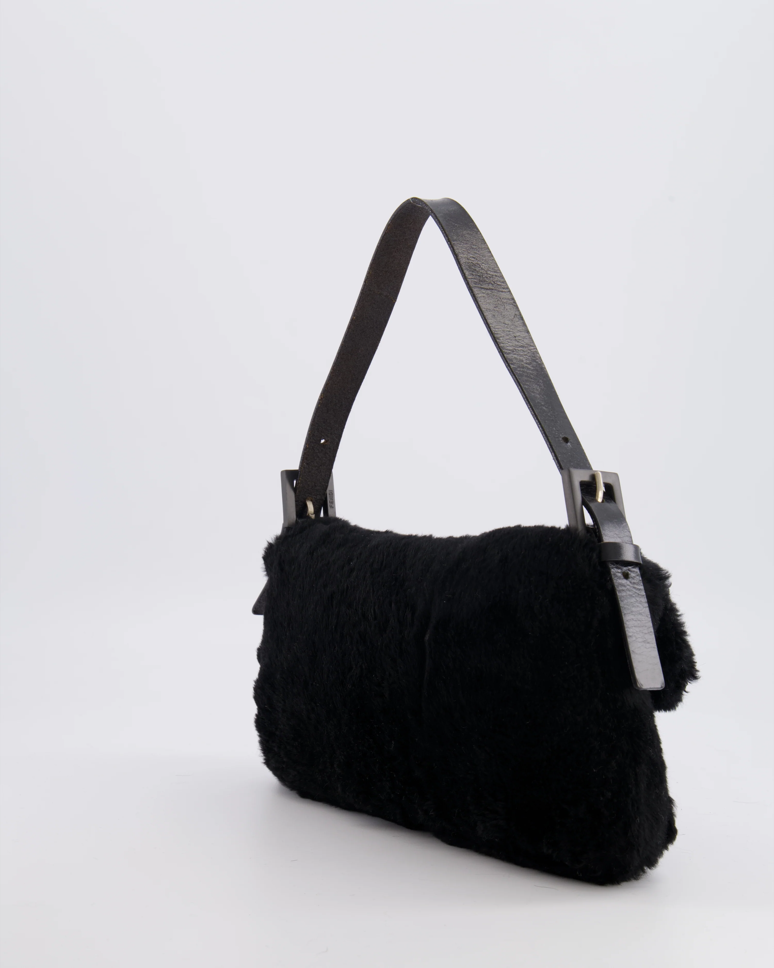 Fendi Vintage Black Rabbit Fur Baguette Shoulder Bag with Black Leather Details - Image 6