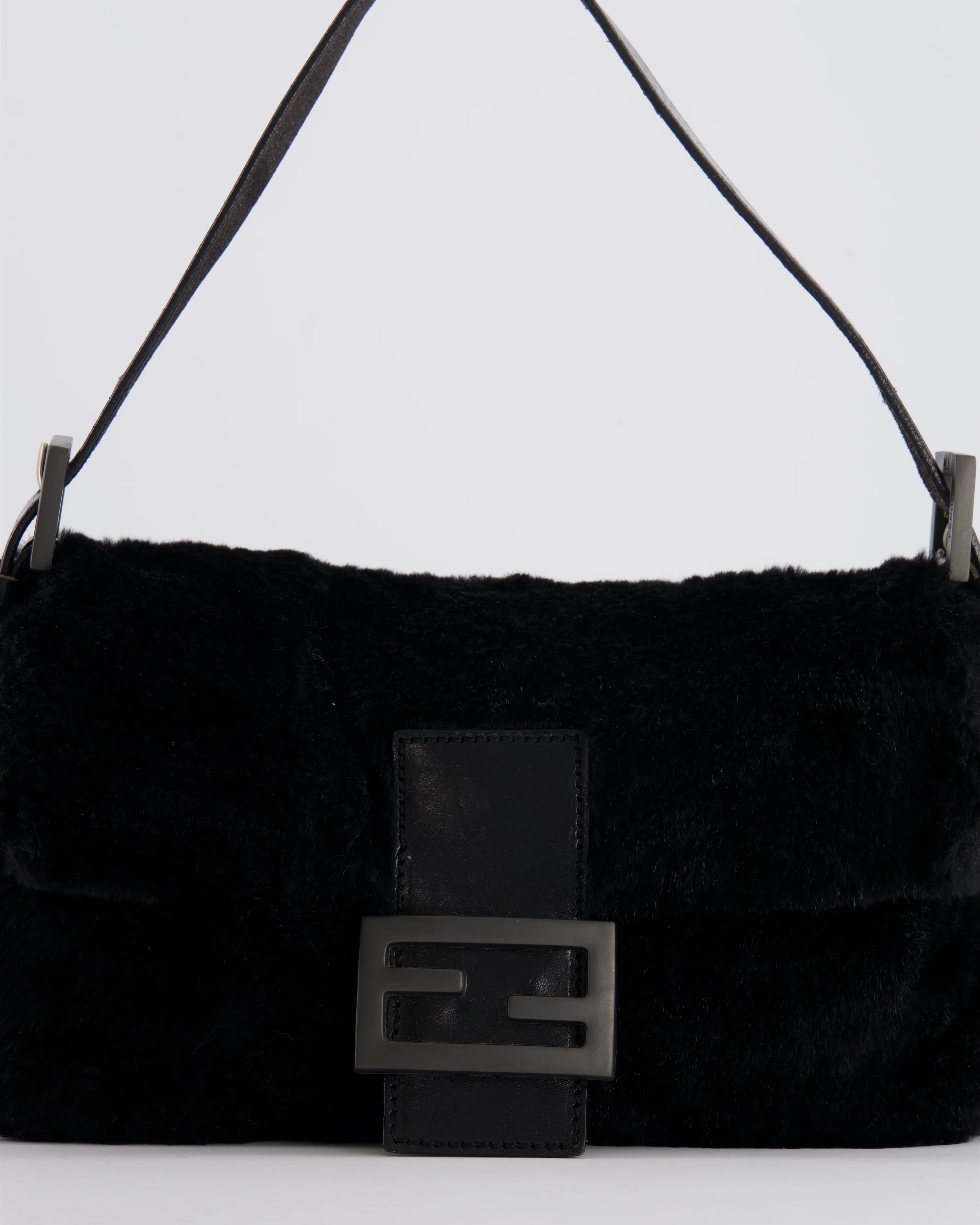 Fendi Vintage Black Rabbit Fur Baguette Shoulder Bag with Black Leather Details - Image 9