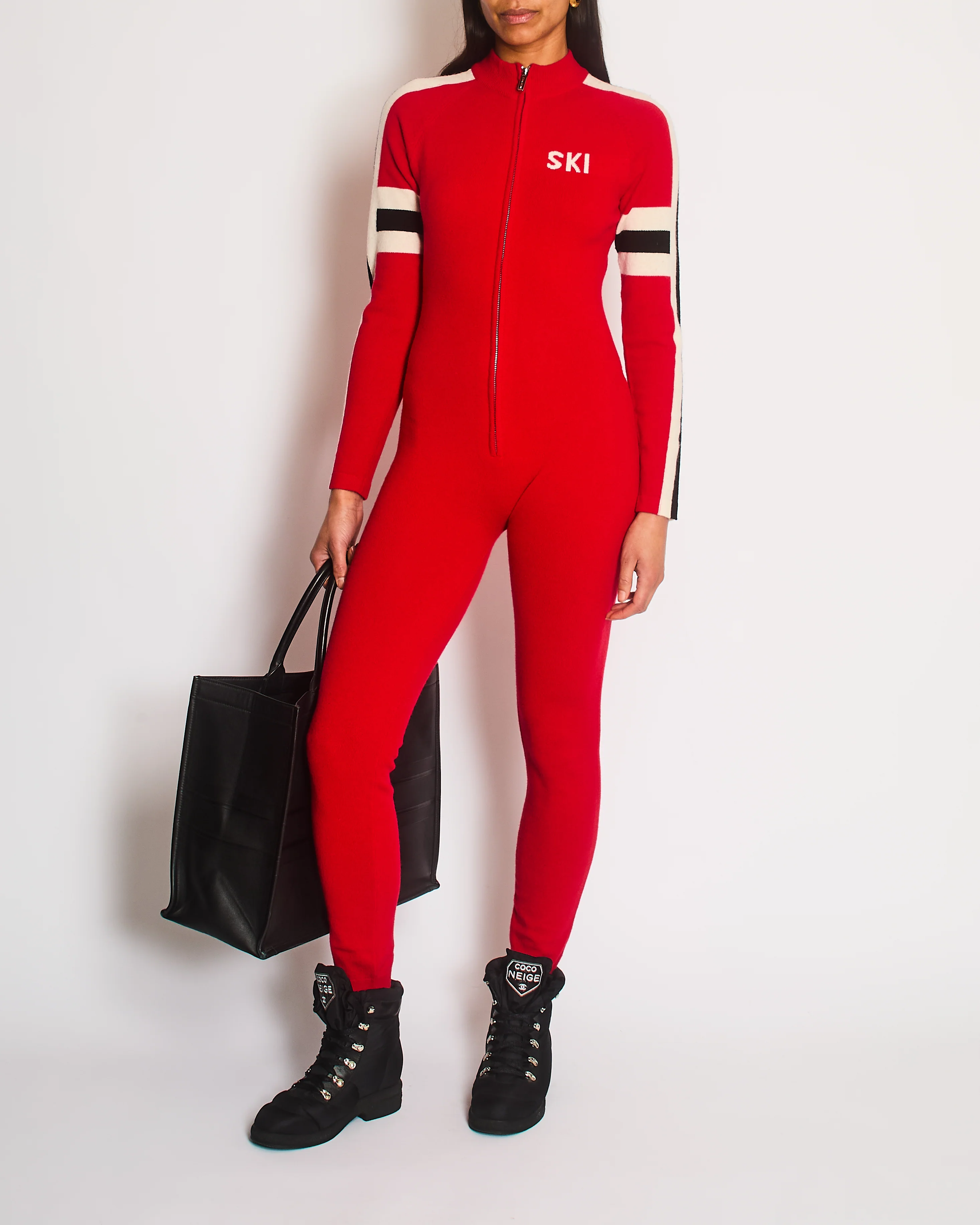 Izaak Azanei Merino Red Ski Jumpsuit With Black and White Stripe Detailing Size S-M (UK 8-10)