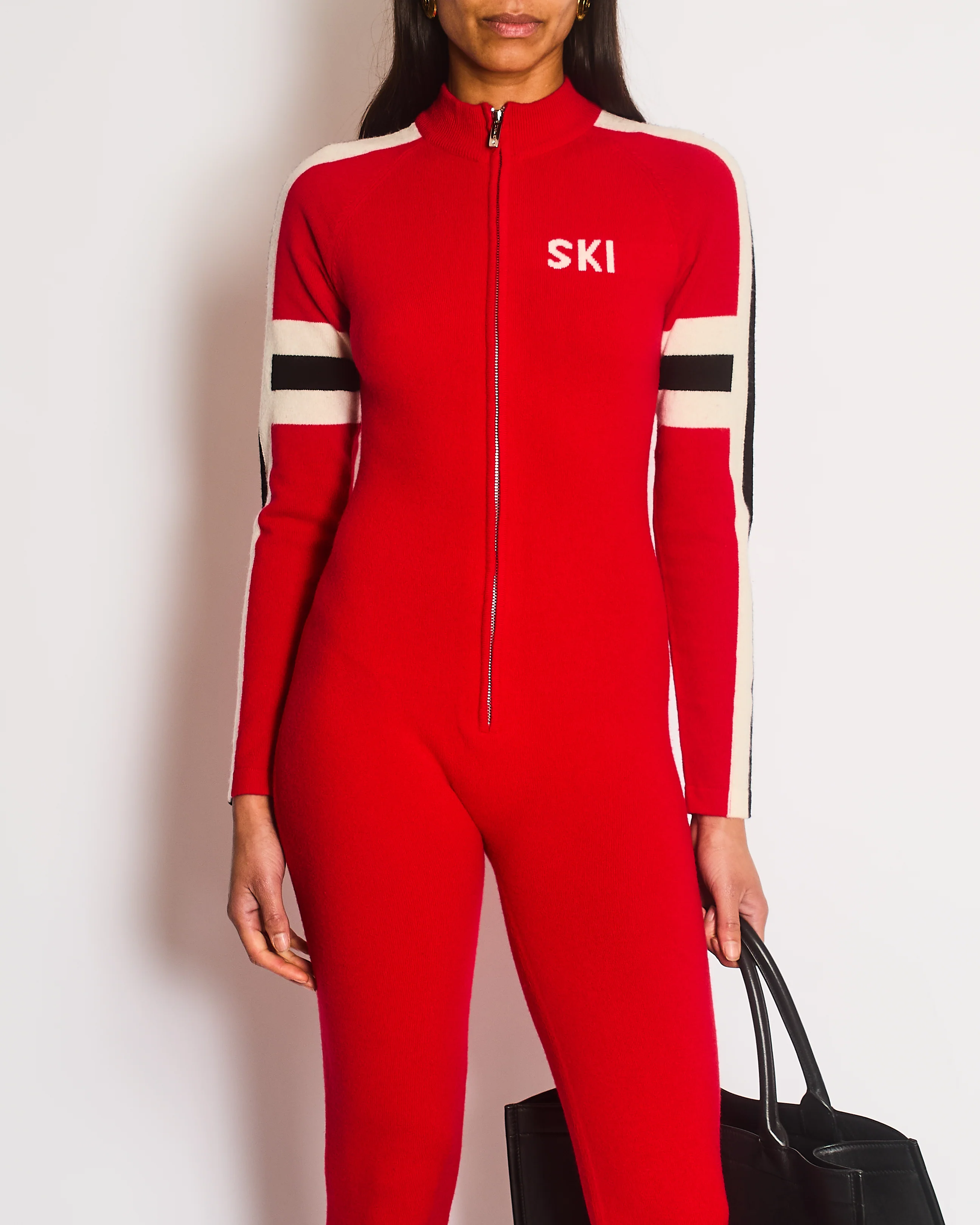 Izaak Azanei Merino Red Ski Jumpsuit With Black and White Stripe Detailing Size S-M (UK 8-10) - Image 2