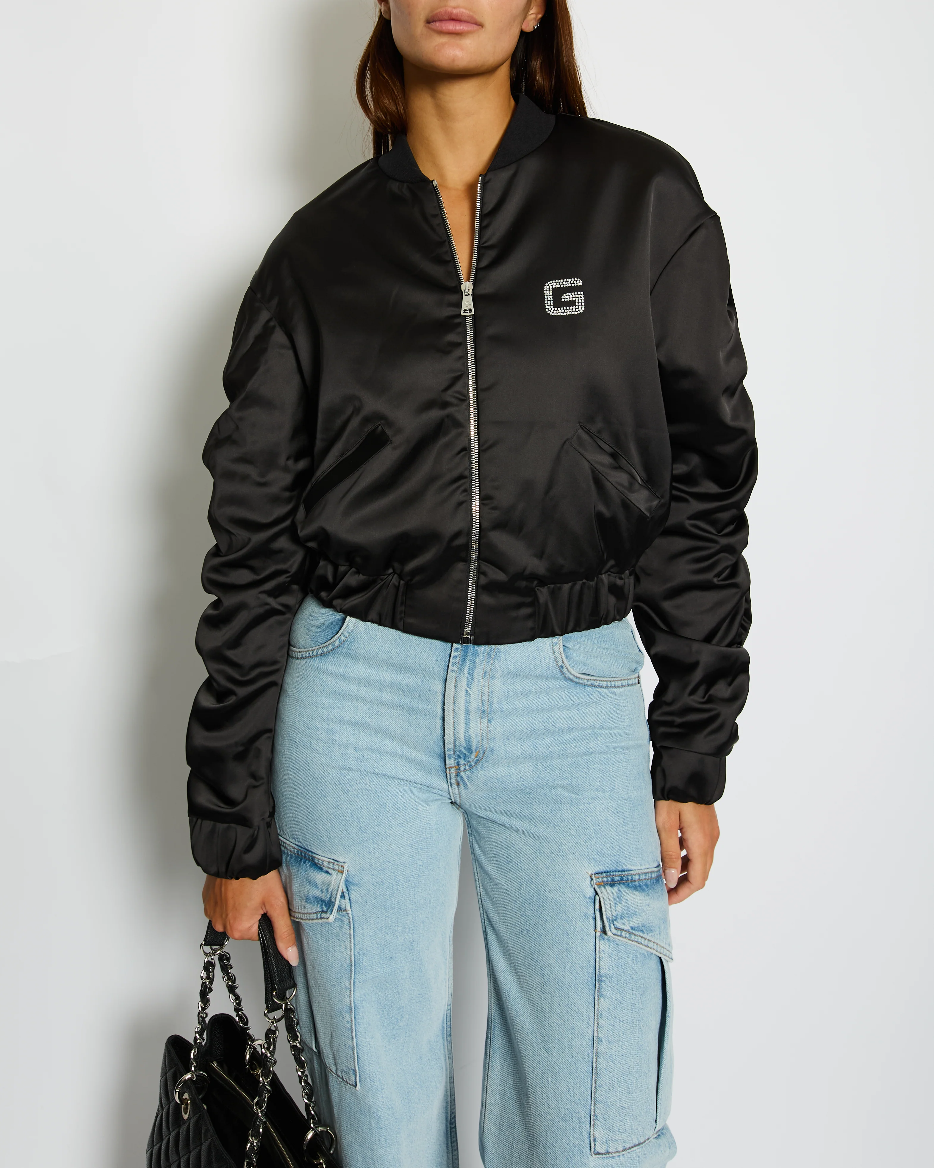Gaëlle Paris Black Bomber Jacket with Raunched Sleeves and Crystal G Detail Size IT 42 (UK 10)