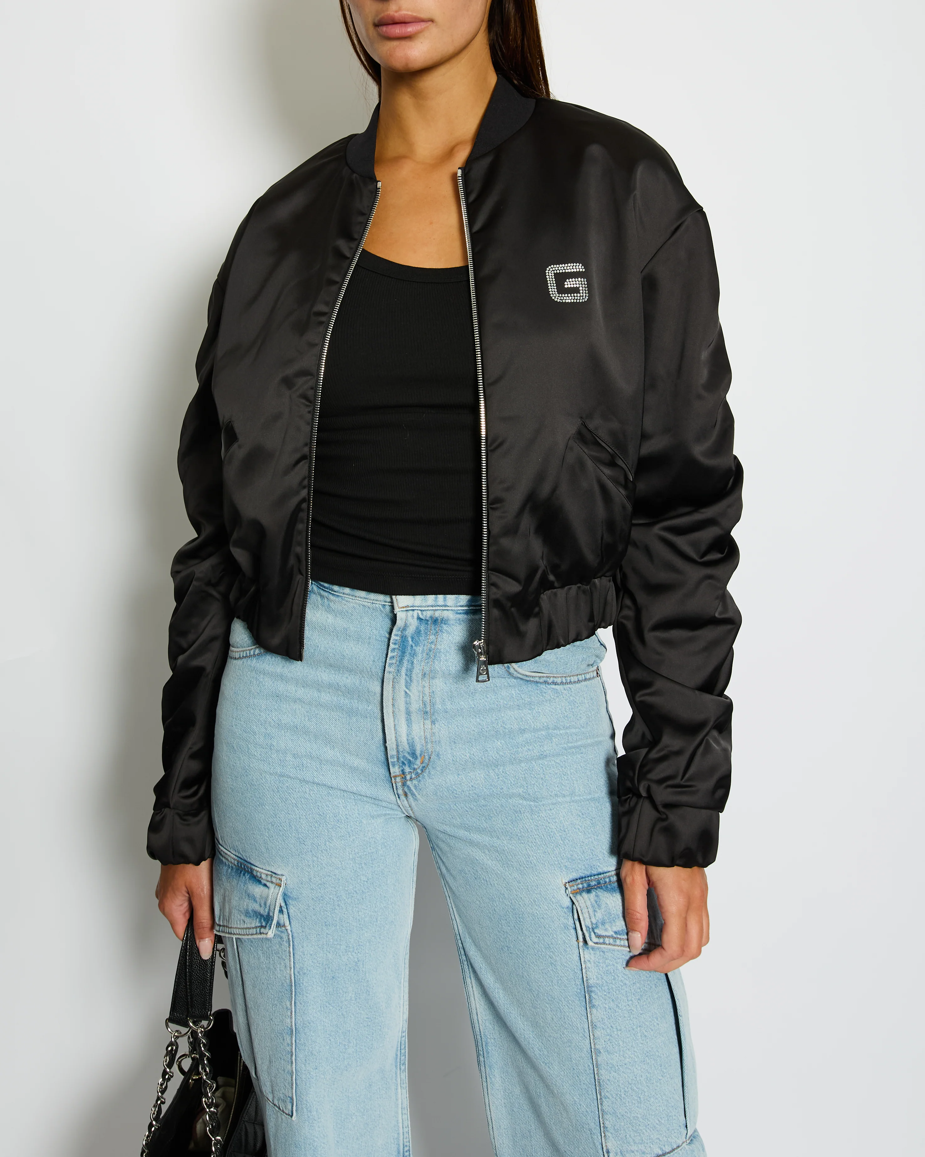 Gaëlle Paris Black Bomber Jacket with Raunched Sleeves and Crystal G Detail Size IT 42 (UK 10) - Image 2