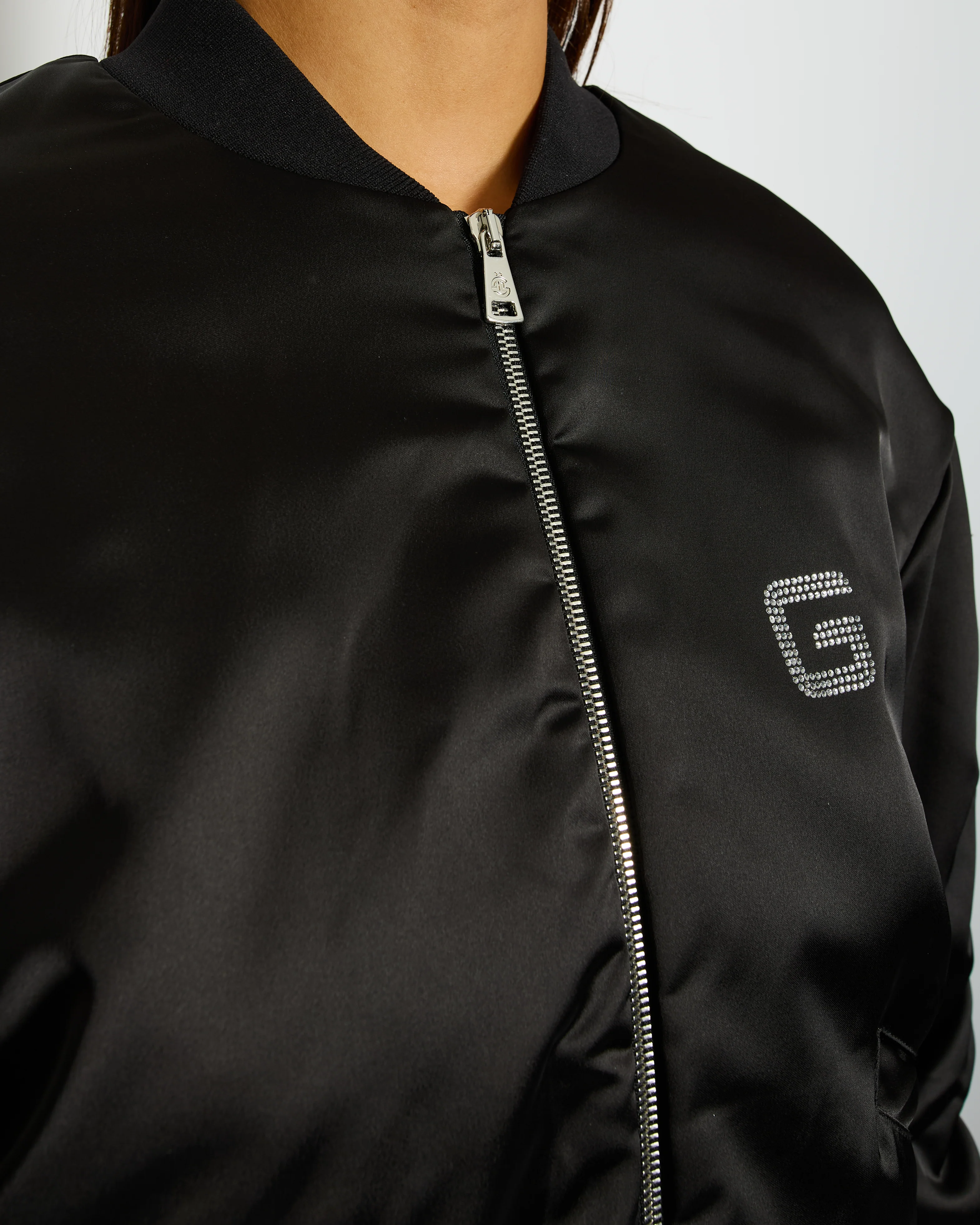 Gaëlle Paris Black Bomber Jacket with Raunched Sleeves and Crystal G Detail Size IT 42 (UK 10) - Image 3