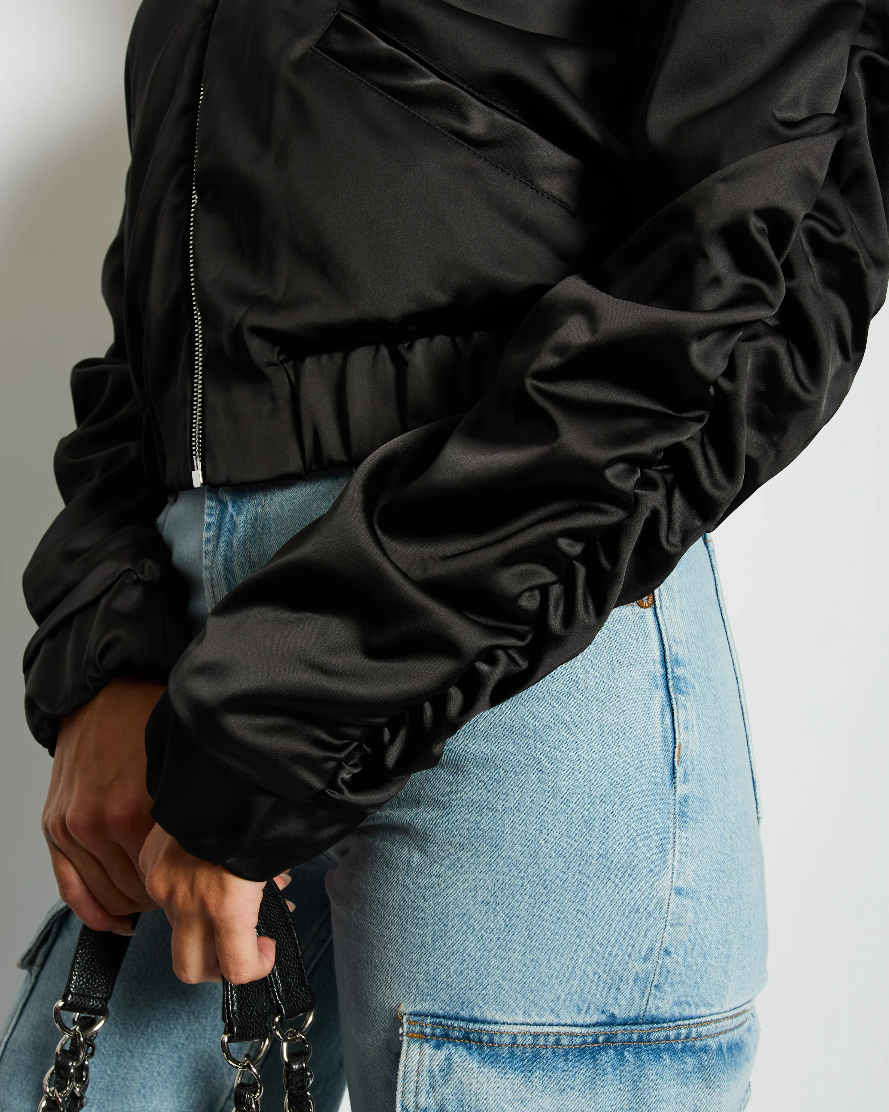 Gaëlle Paris Black Bomber Jacket with Raunched Sleeves and Crystal G Detail Size IT 42 (UK 10) - Image 4