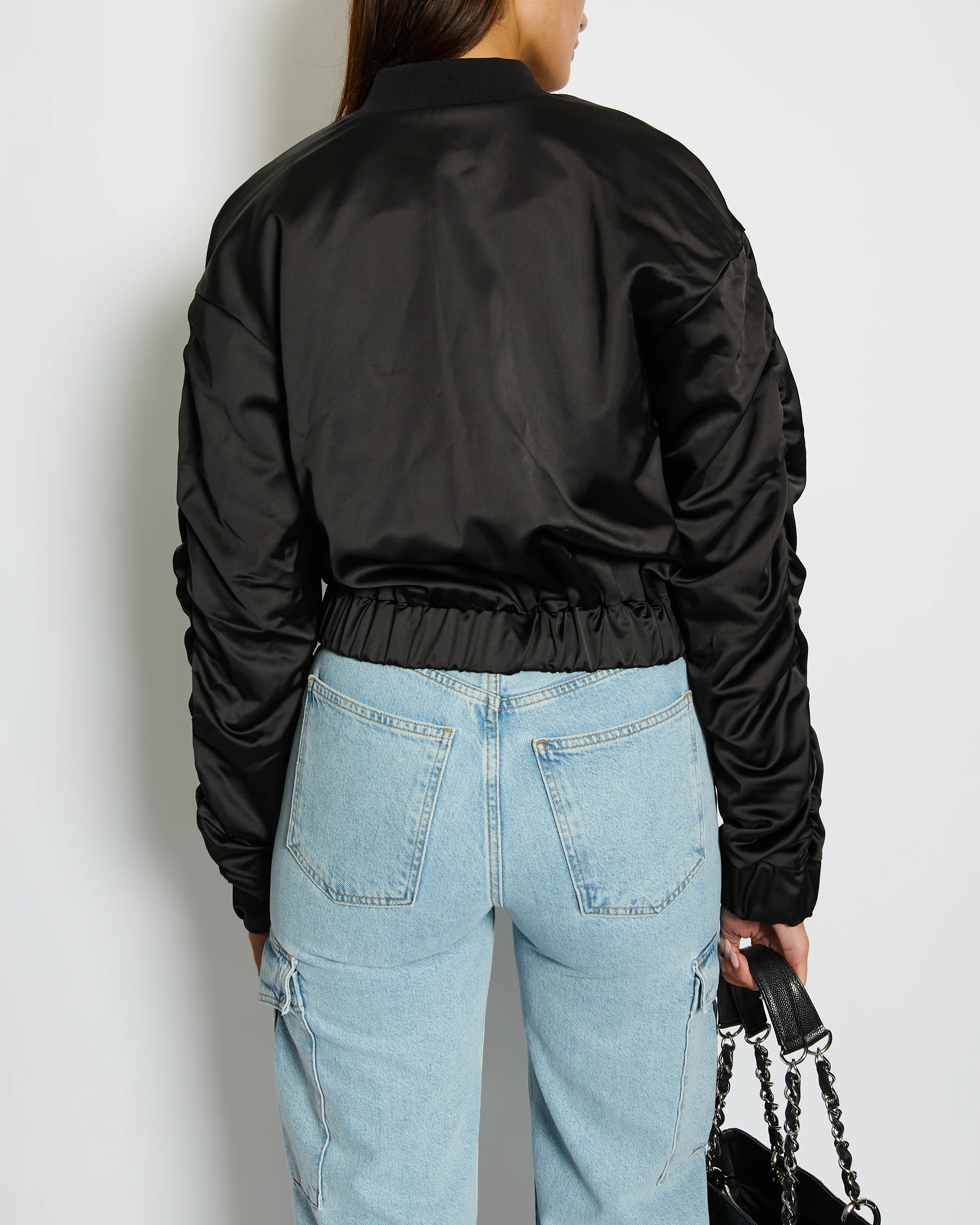 Gaëlle Paris Black Bomber Jacket with Raunched Sleeves and Crystal G Detail Size IT 42 (UK 10) - Image 5