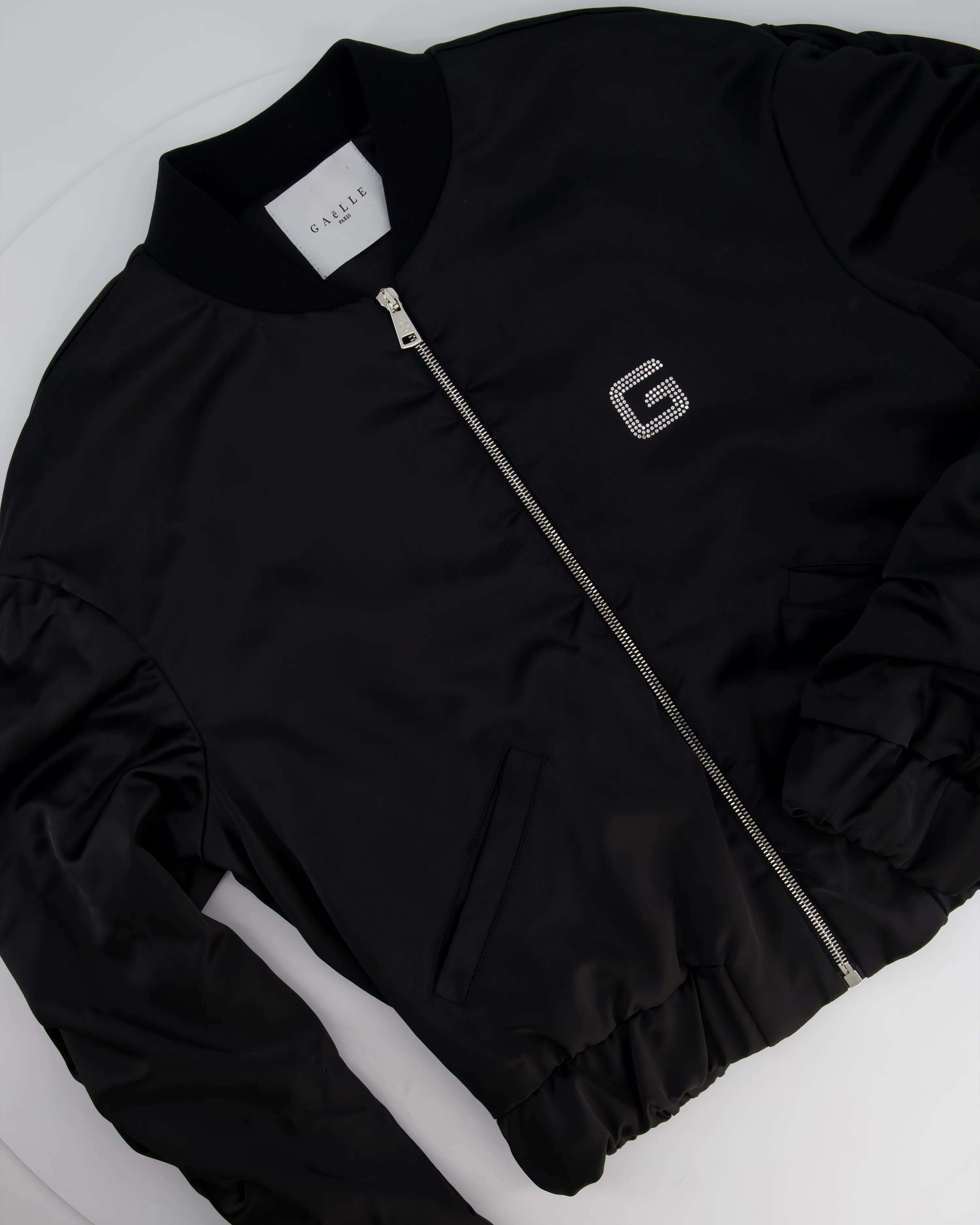 Gaëlle Paris Black Bomber Jacket with Raunched Sleeves and Crystal G Detail Size IT 42 (UK 10) - Image 6