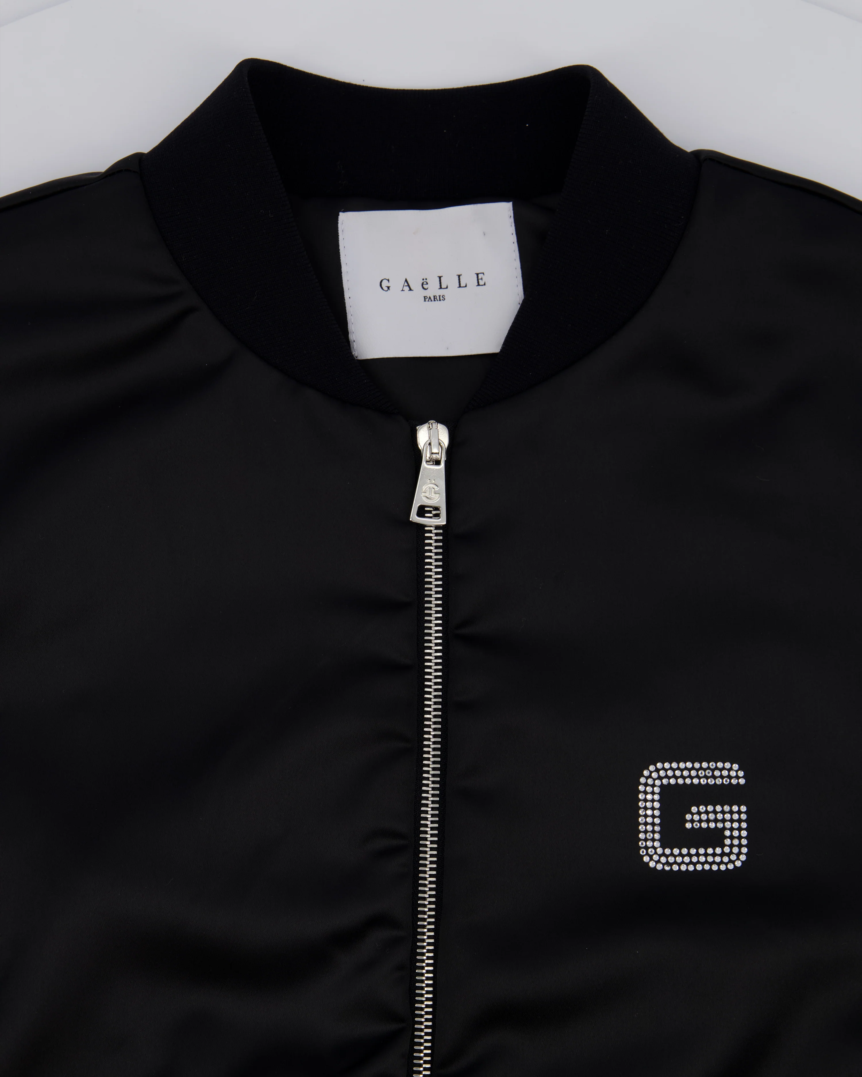 Gaëlle Paris Black Bomber Jacket with Raunched Sleeves and Crystal G Detail Size IT 42 (UK 10) - Image 8