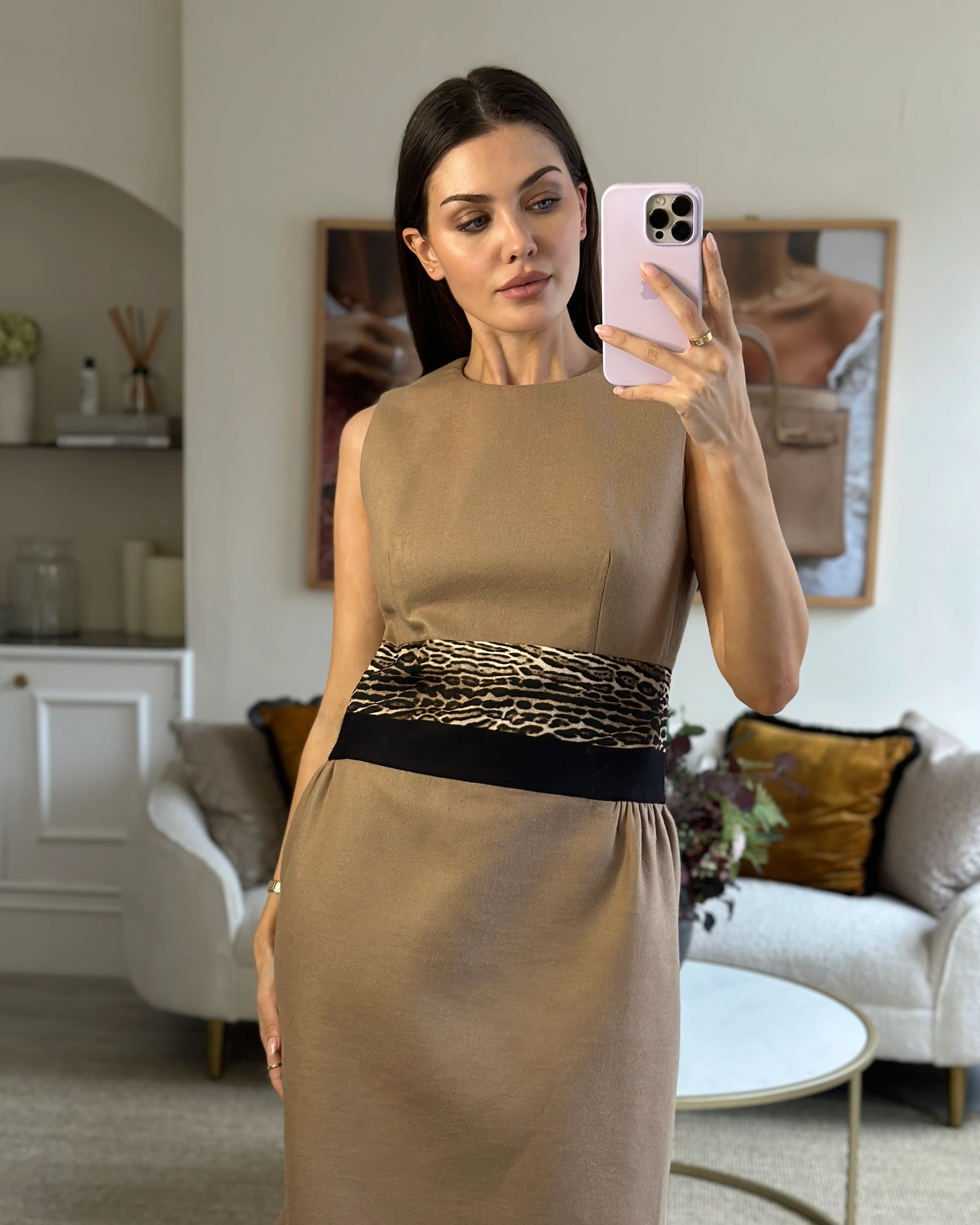 Giambattista Valli Camel Halter-Neck Midi Dress with Leopard Print Waist Detail IT 42 (UK 10) - Image 2