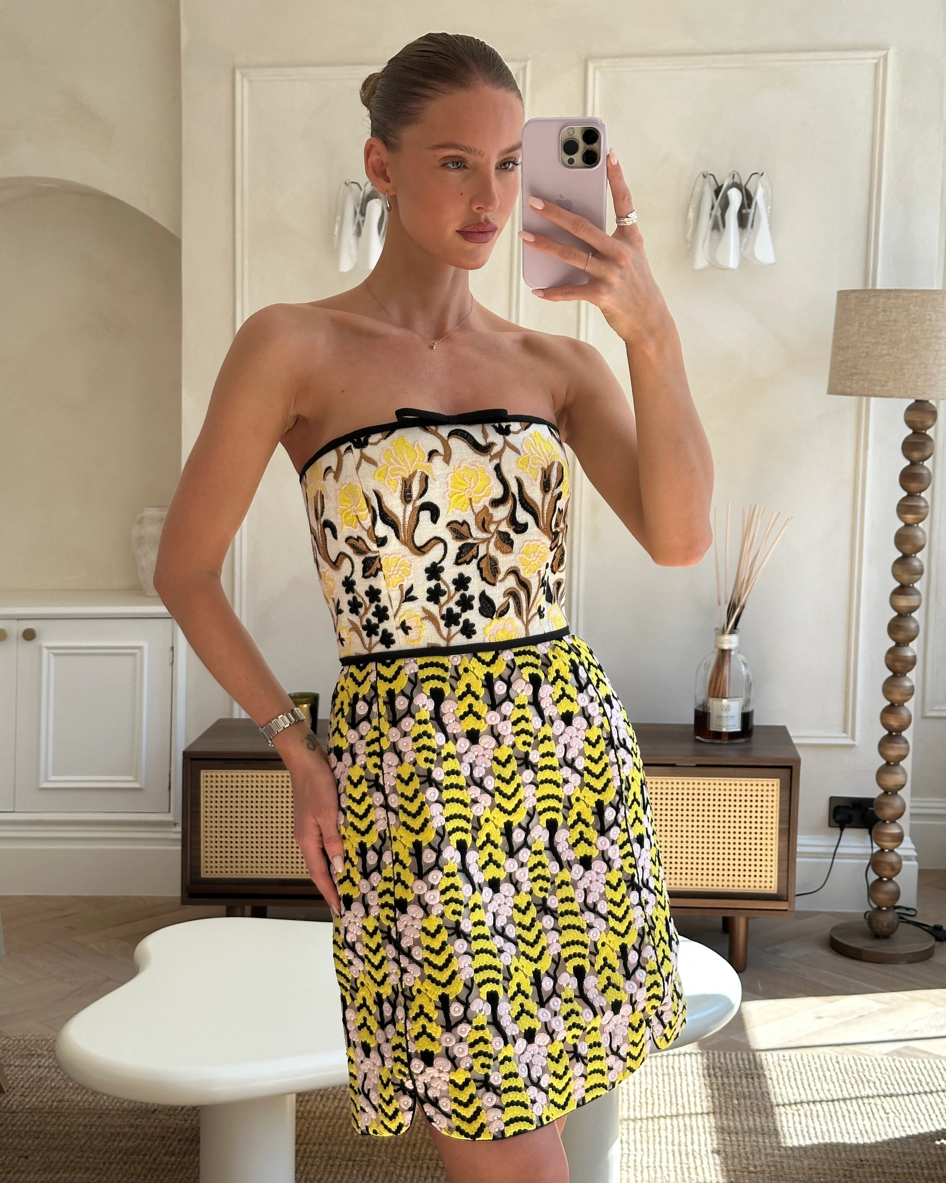 Giambattista Valli Lace & Floral Embroidery Yellow, Pink, Black Strapless Mini Dress size IT 40 (UK 8) - Image 6
