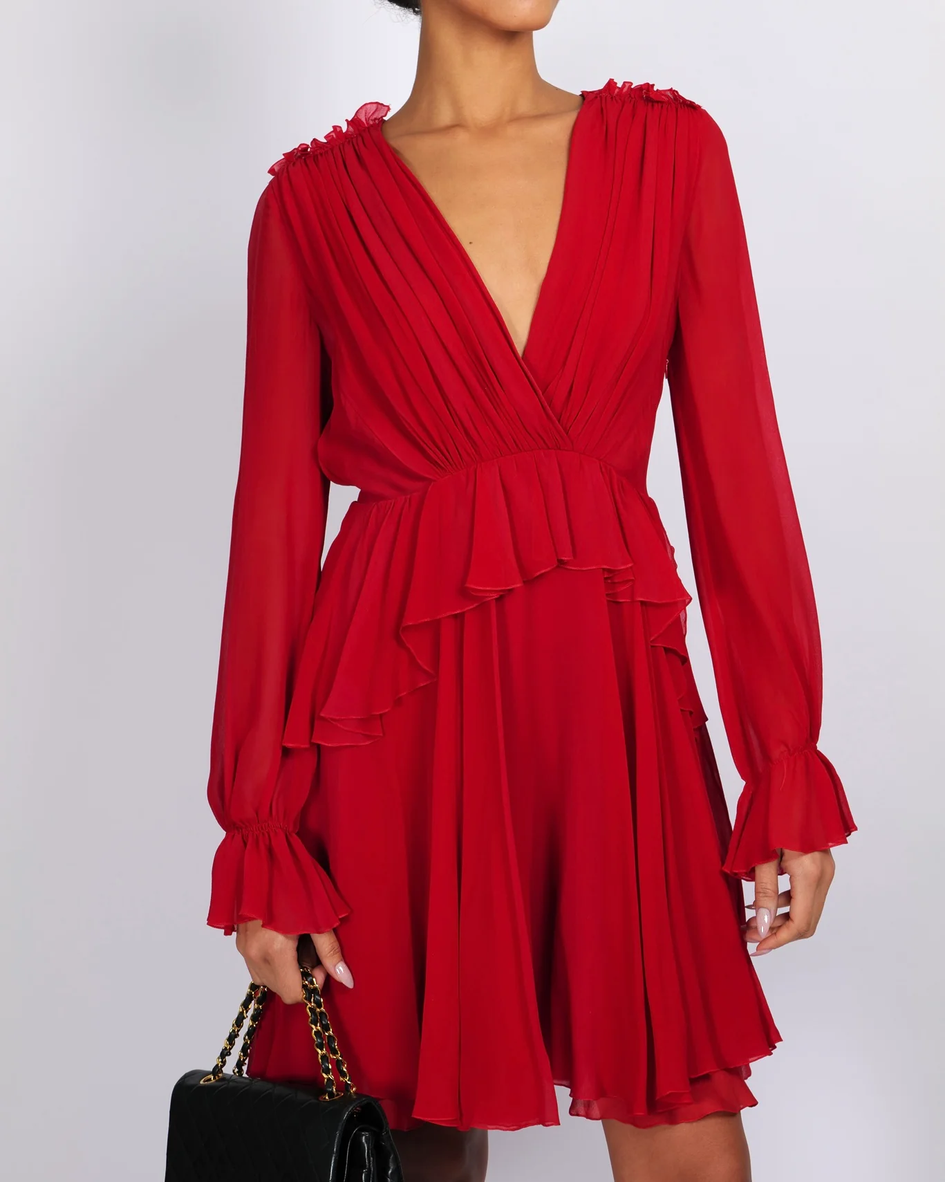 Giambattista Valli Red Silk Long-Sleeved Mini Dress with Ruffle Details Size IT 42 (UK 10) - Image 2