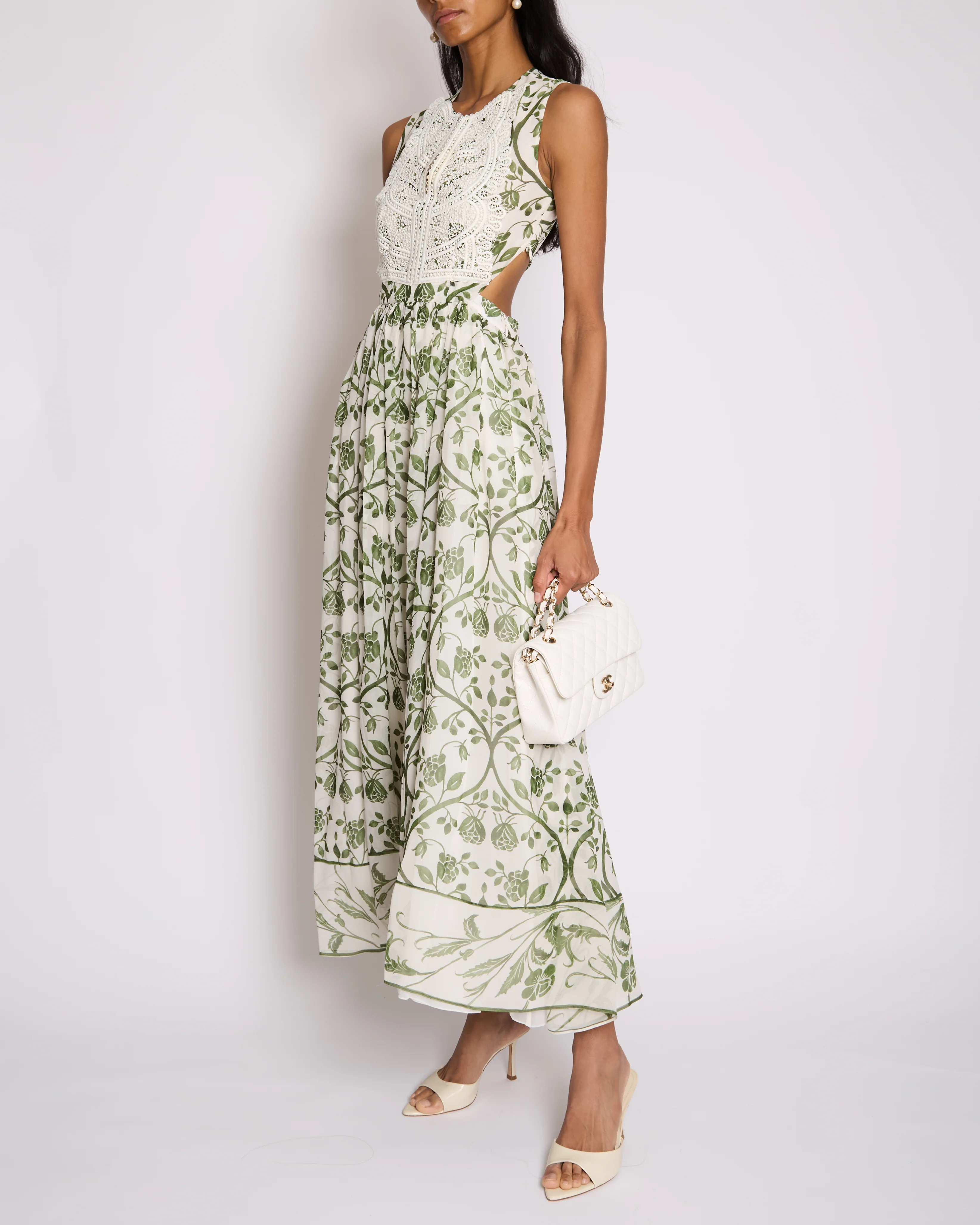 Giambattista Valli White and Green Sleeveless Floral Midi Dress with Lace Bodice and Cut Out at the Back Size IT 36 (UK 4)