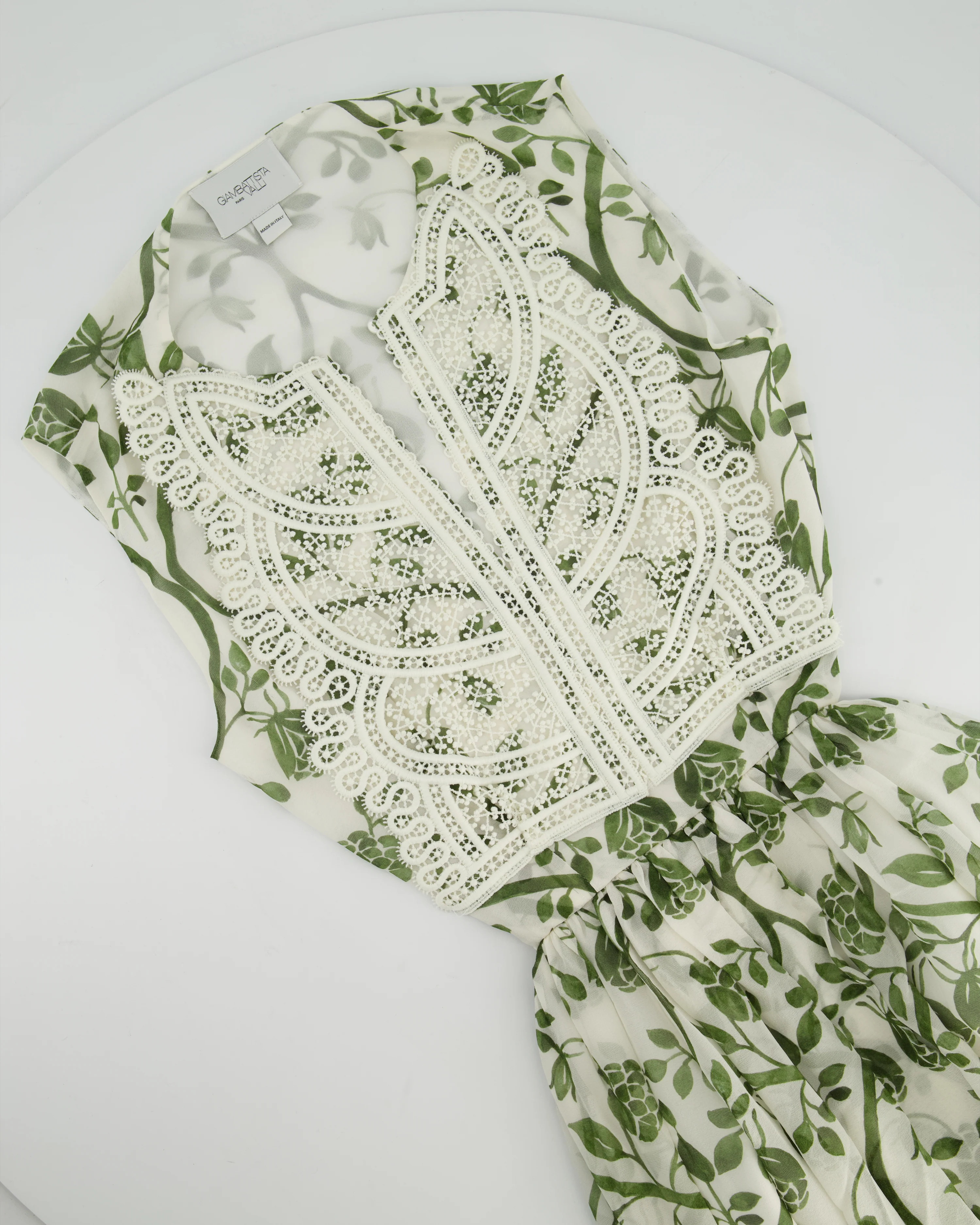 Giambattista Valli White and Green Sleeveless Floral Midi Dress with Lace Bodice and Cut Out at the Back Size IT 36 (UK 4) - Image 7