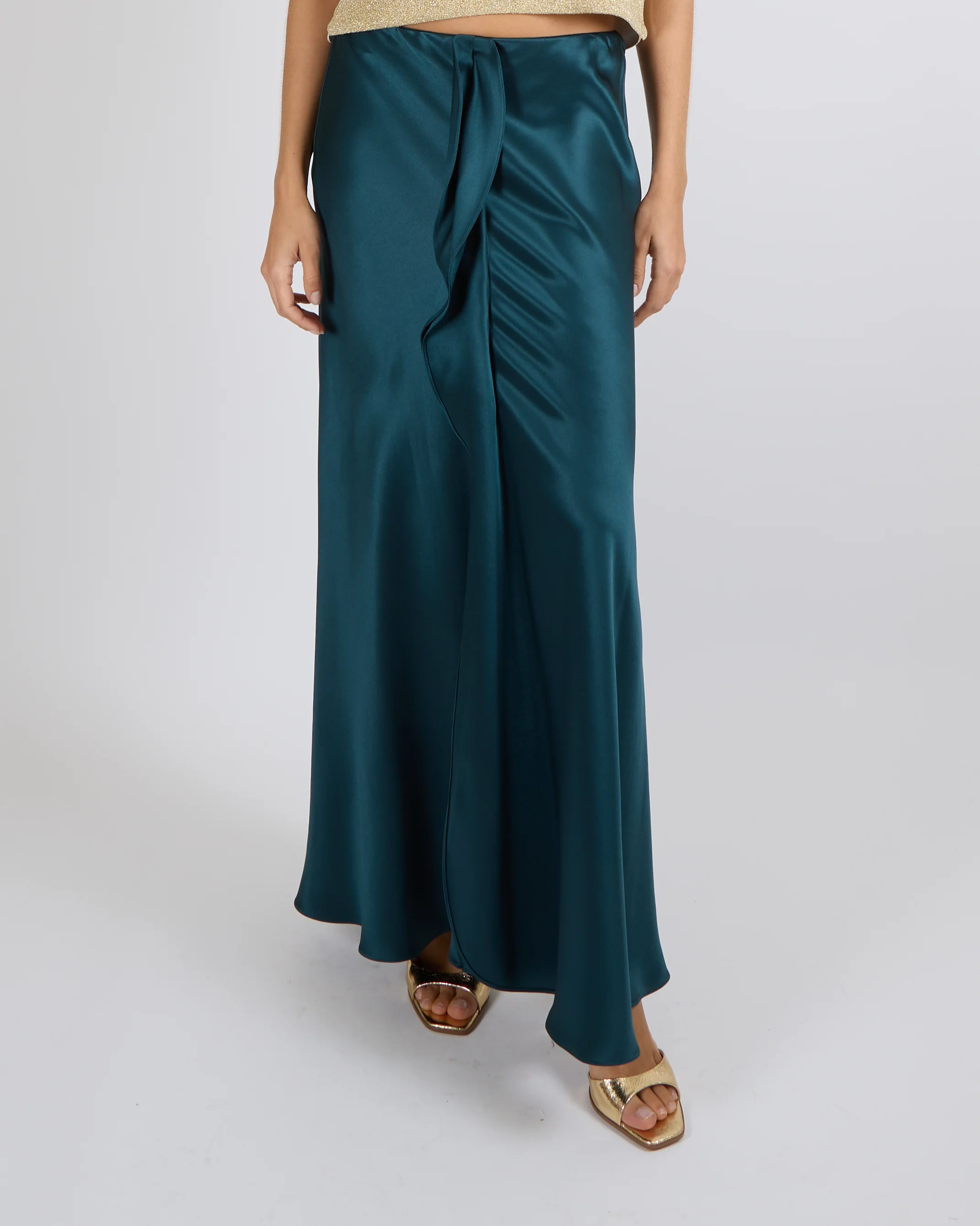 Giorgio Armani Fall 2024 Petroleum Green Silk Midi Skirt with Front Ruffle Detail Size IT 42 (UK 10) RRP £1,555