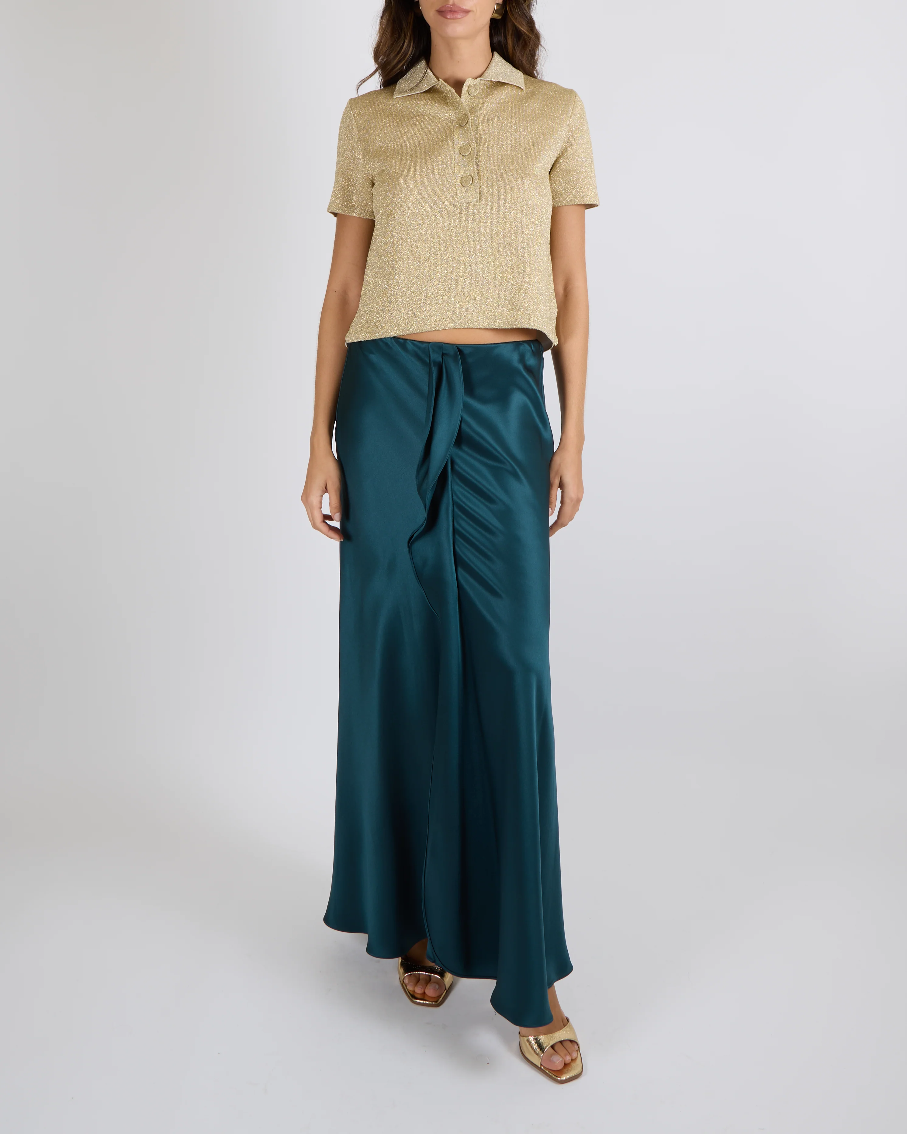 Giorgio Armani Fall 2024 Petroleum Green Silk Midi Skirt with Front Ruffle Detail Size IT 42 (UK 10) RRP £1,555 - Image 3