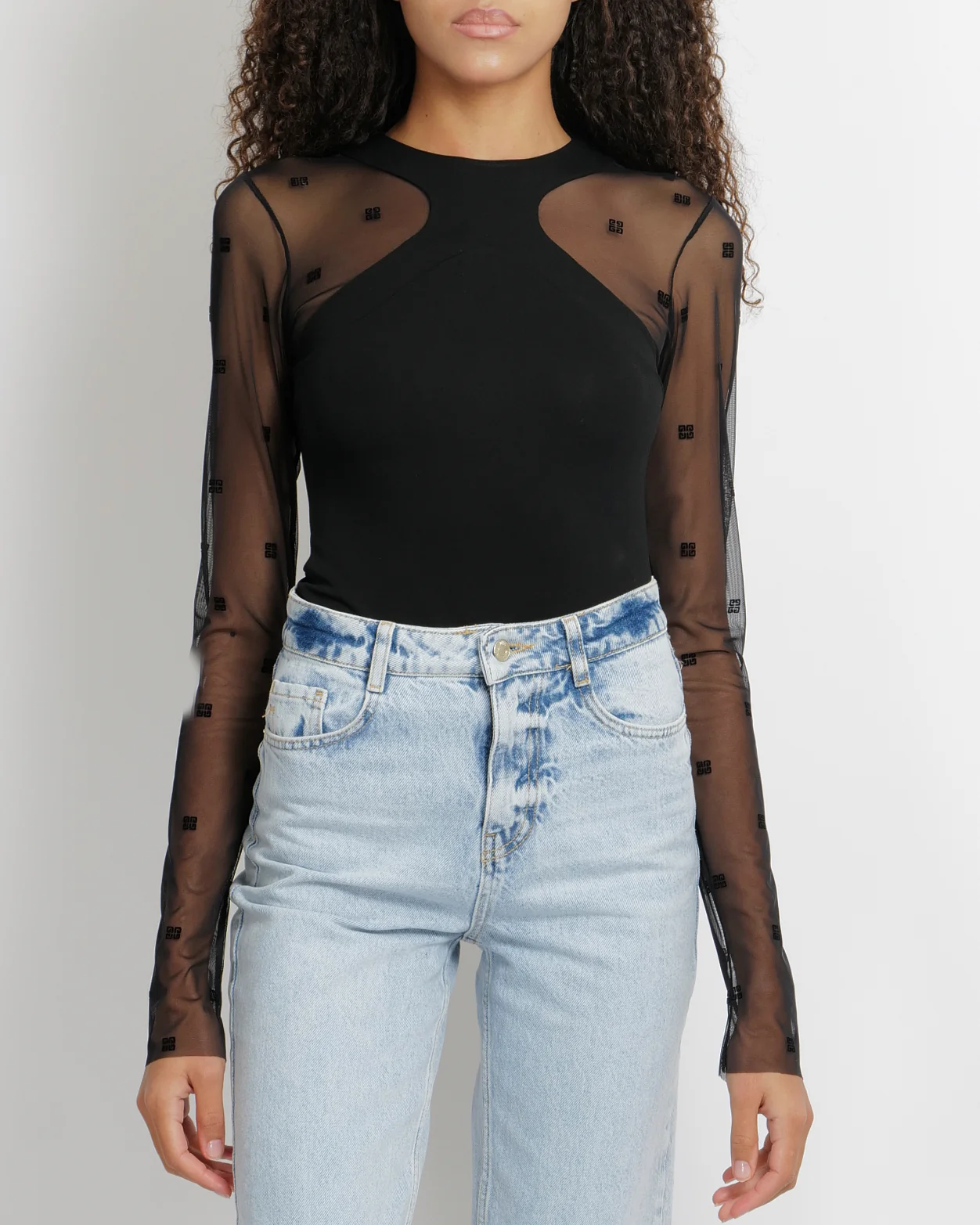 Givenchy Black Bodysuit with Mesh Sleeves with Velvet Logo Prints Size M (UK 10)