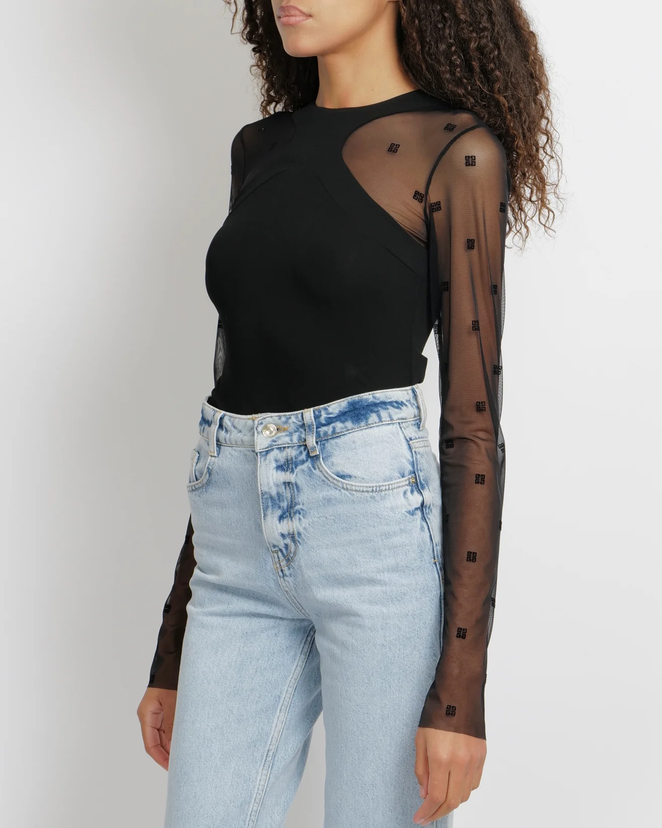 Givenchy Black Bodysuit with Mesh Sleeves with Velvet Logo Prints Size M (UK 10) - Image 3
