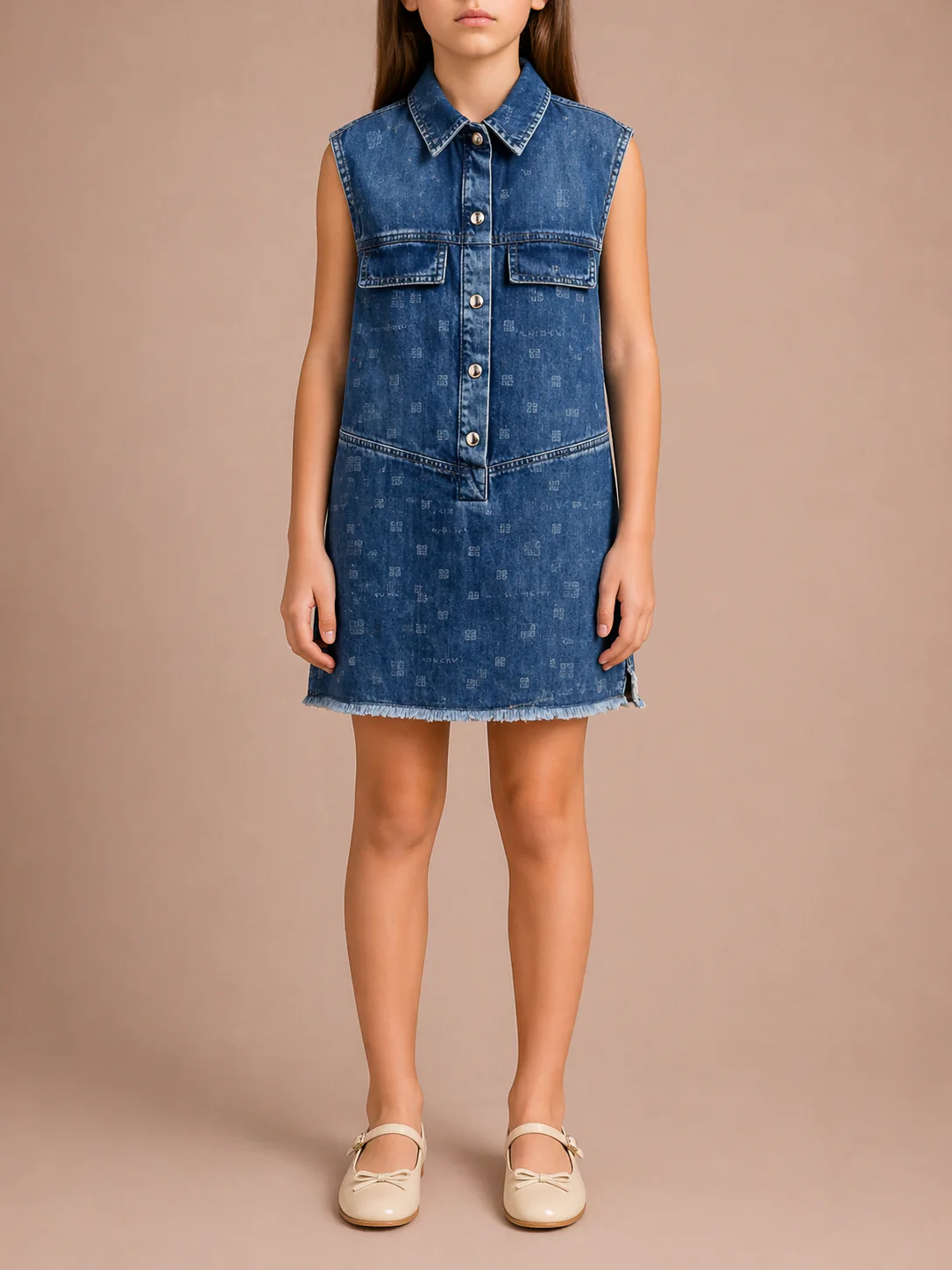Givenchy Kids Blue Denim Sleeveless Dress with Logo Prints and Back Leather Detail Size 8 years RRP £450
