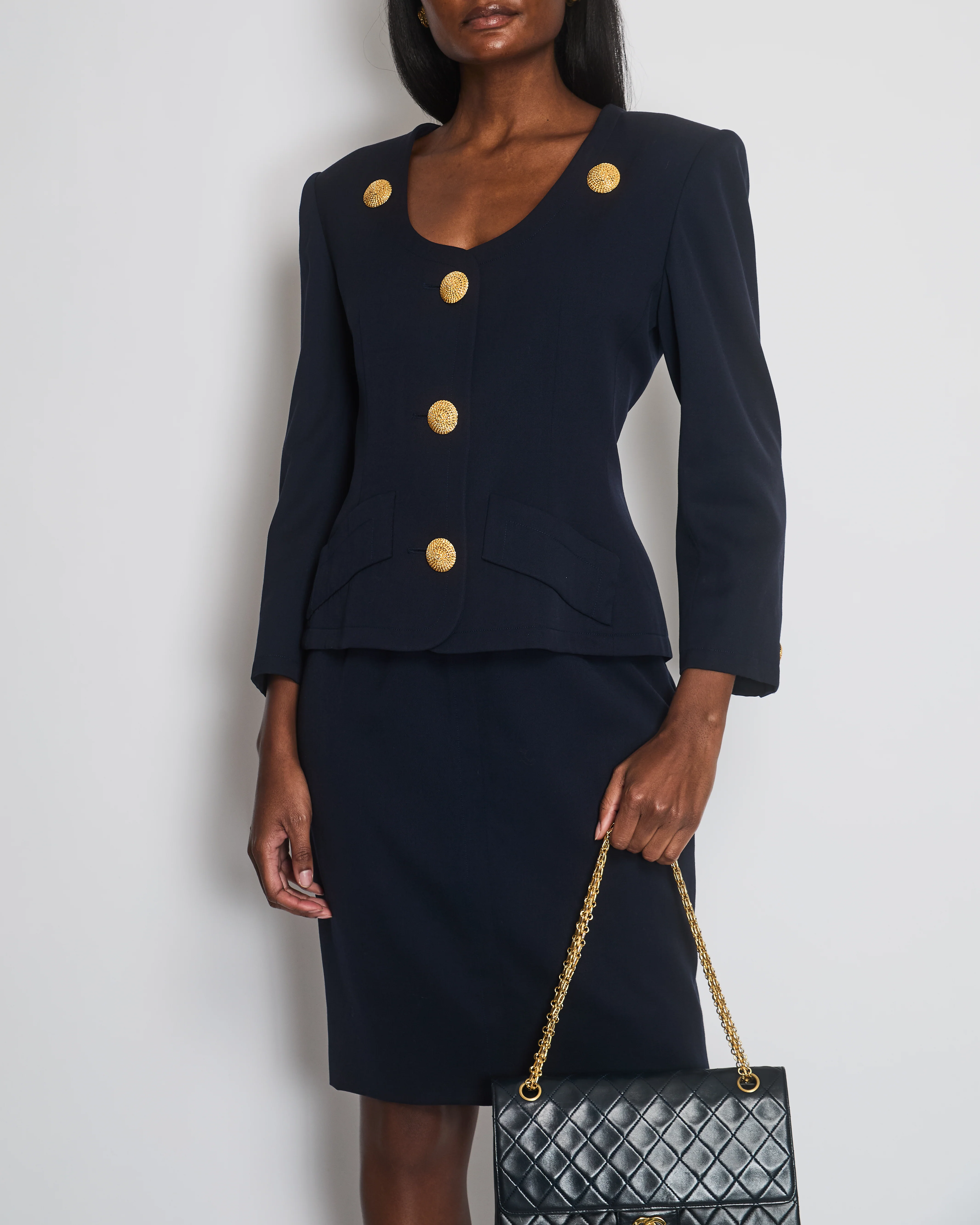 Givenchy Vintage Navy Jacket and Skirt Set with Gold Textured Buttons Size FR 38 (UK 10) - Image 3