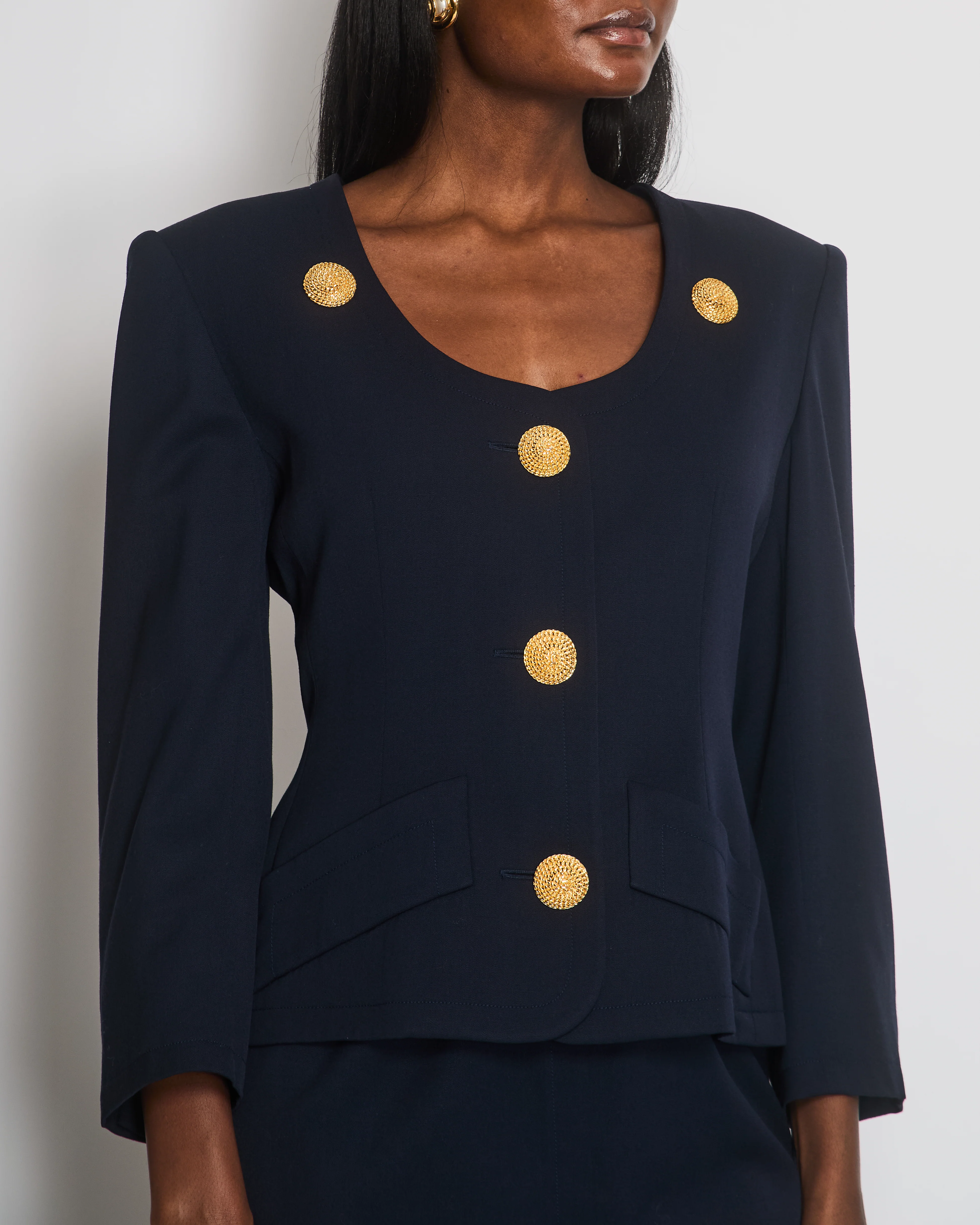 Givenchy Vintage Navy Jacket and Skirt Set with Gold Textured Buttons Size FR 38 (UK 10) - Image 4