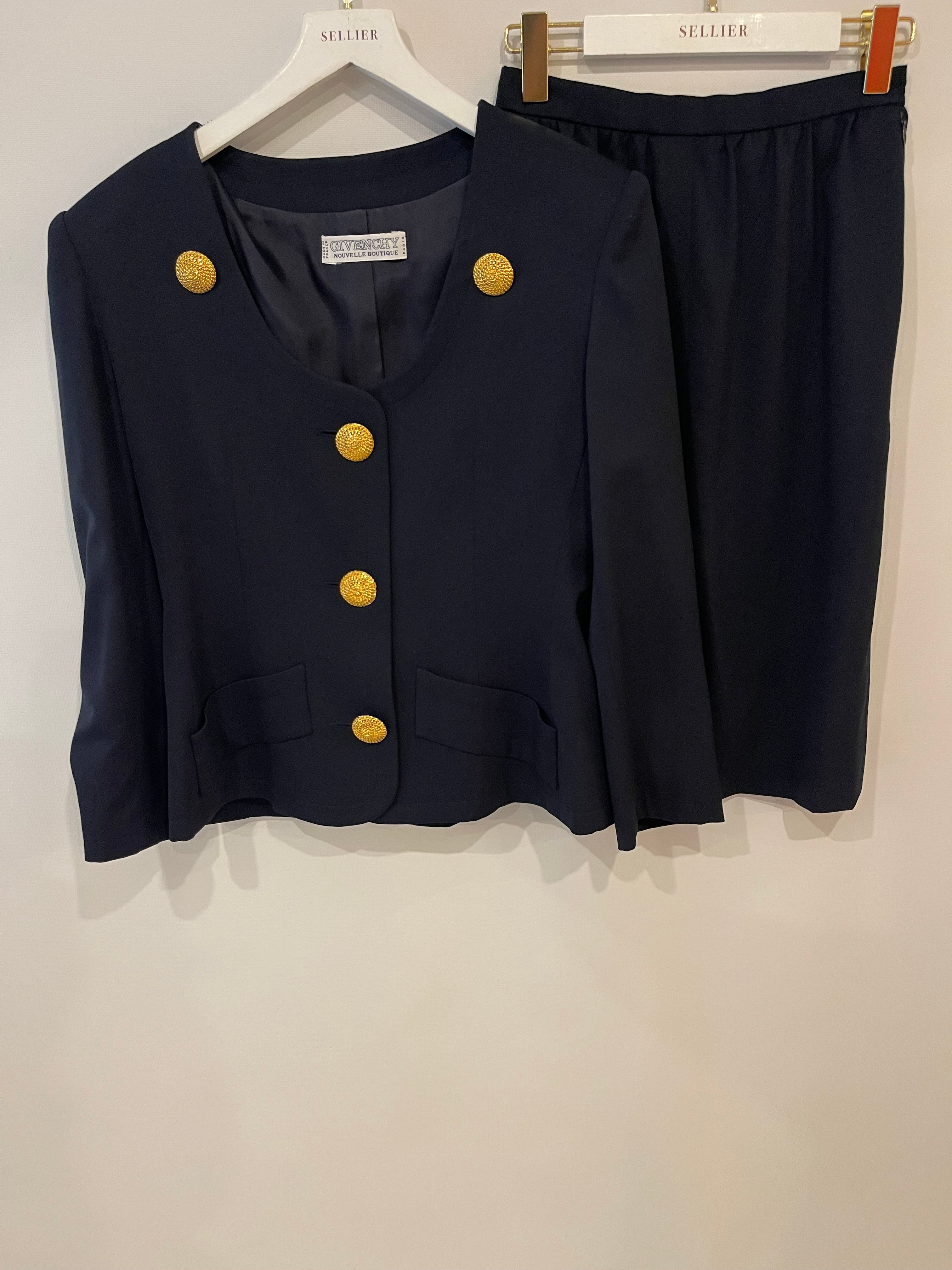 Givenchy Vintage Navy Jacket and Skirt Set with Gold Textured Buttons Size FR 38 (UK 10) - Image 9
