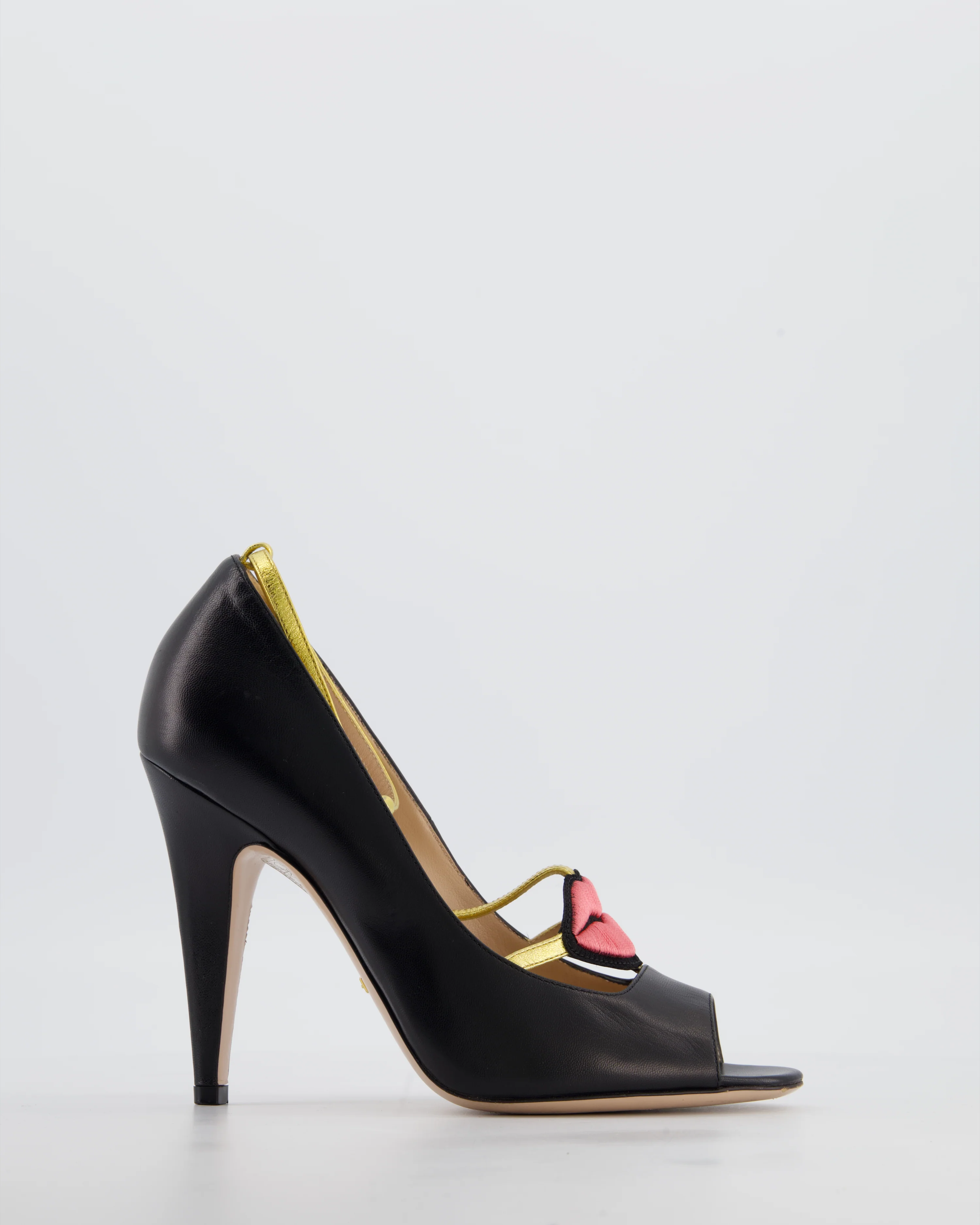 Gucci 2016 Black Molina Lips Embroidered Heels with Gold T Strap Detail Size EU 38