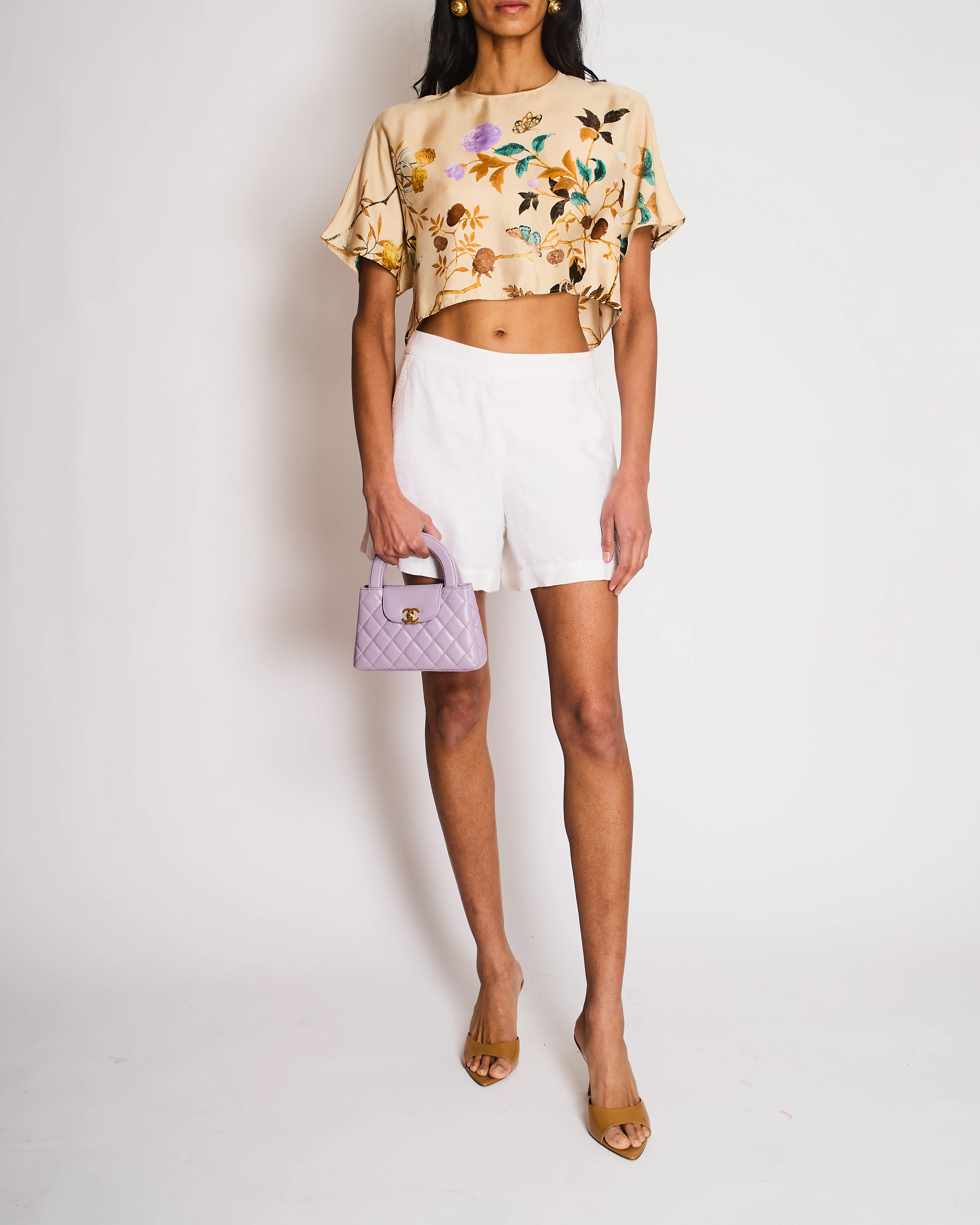 Gucci Beige GG Silk Floral Printed Cropped Top Size IT 42 (UK 10)