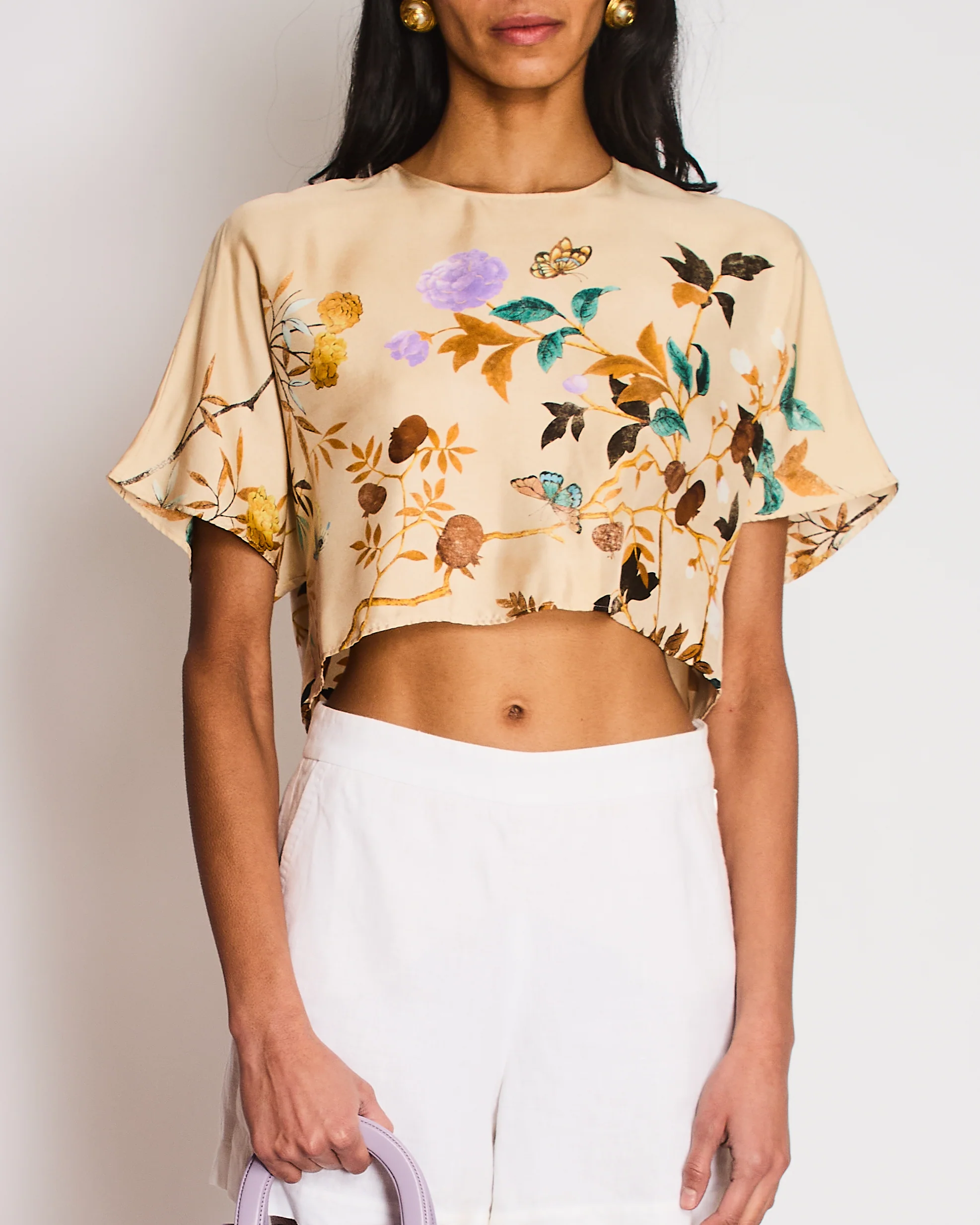 Gucci Beige GG Silk Floral Printed Cropped Top Size IT 42 (UK 10) - Image 2