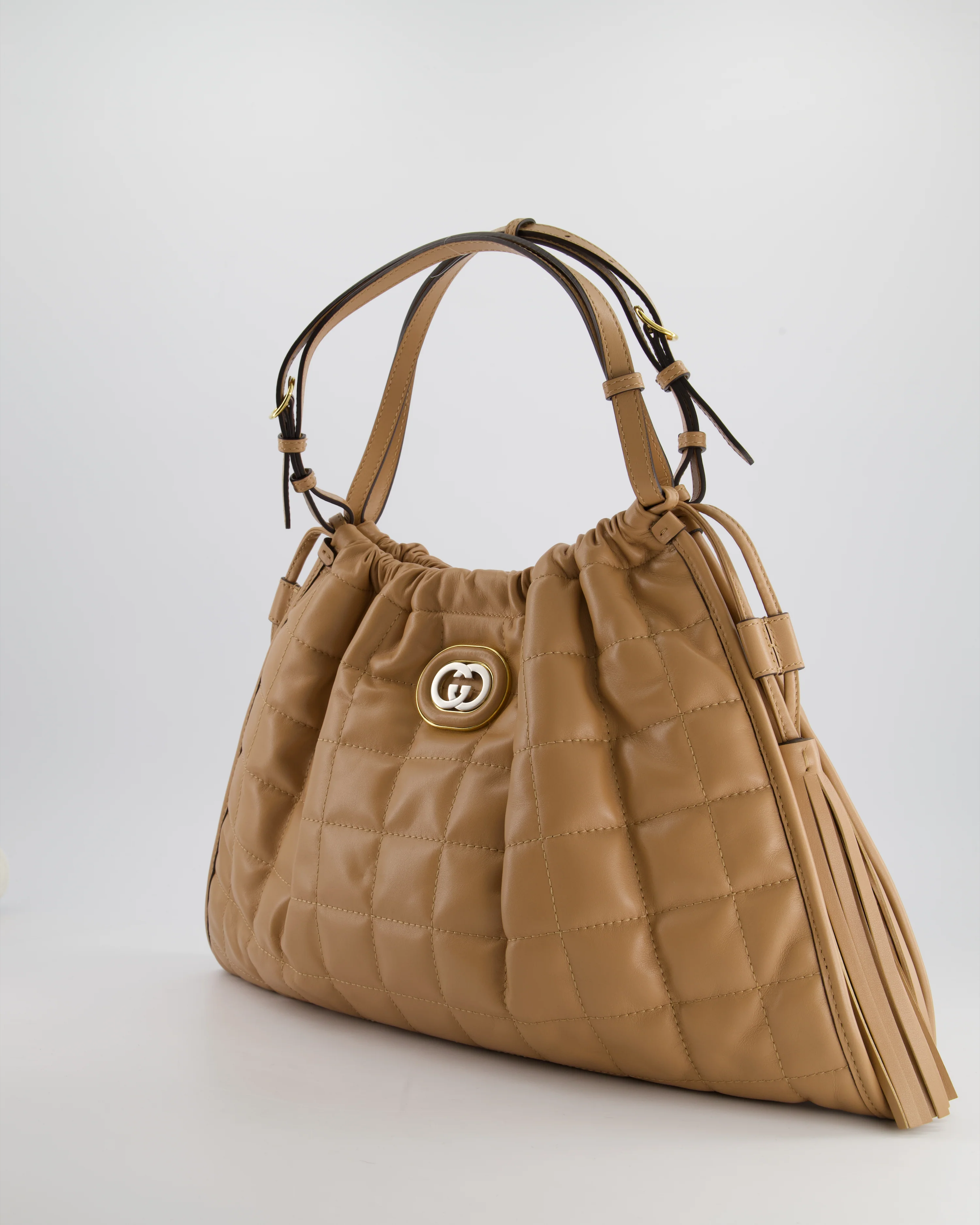 Gucci Beige Quilted Leather Shoulder Bag Dual Tone Hardware and Leather Tassels - Image 6